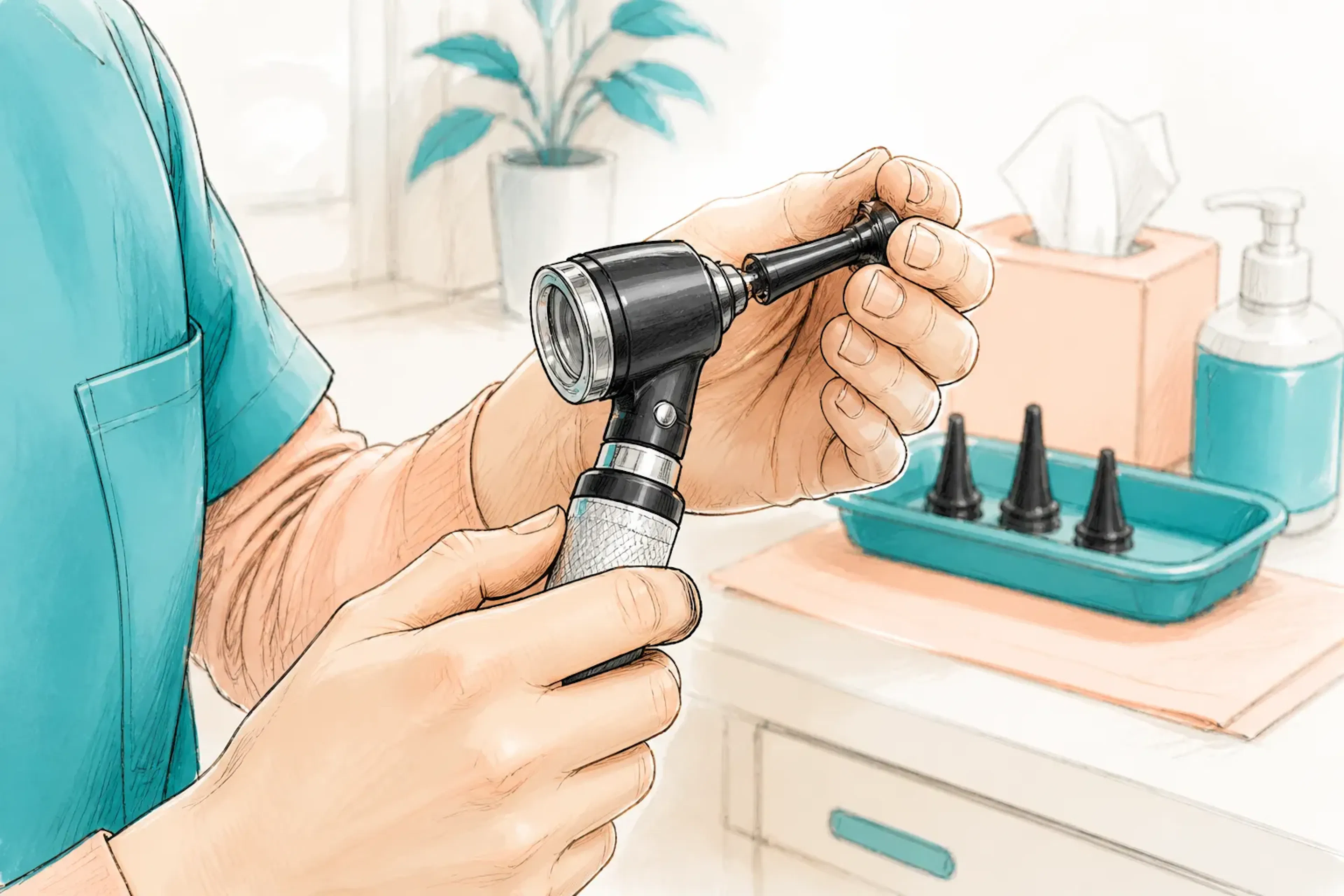 A close-up of an otoscope being prepared for an ear examination