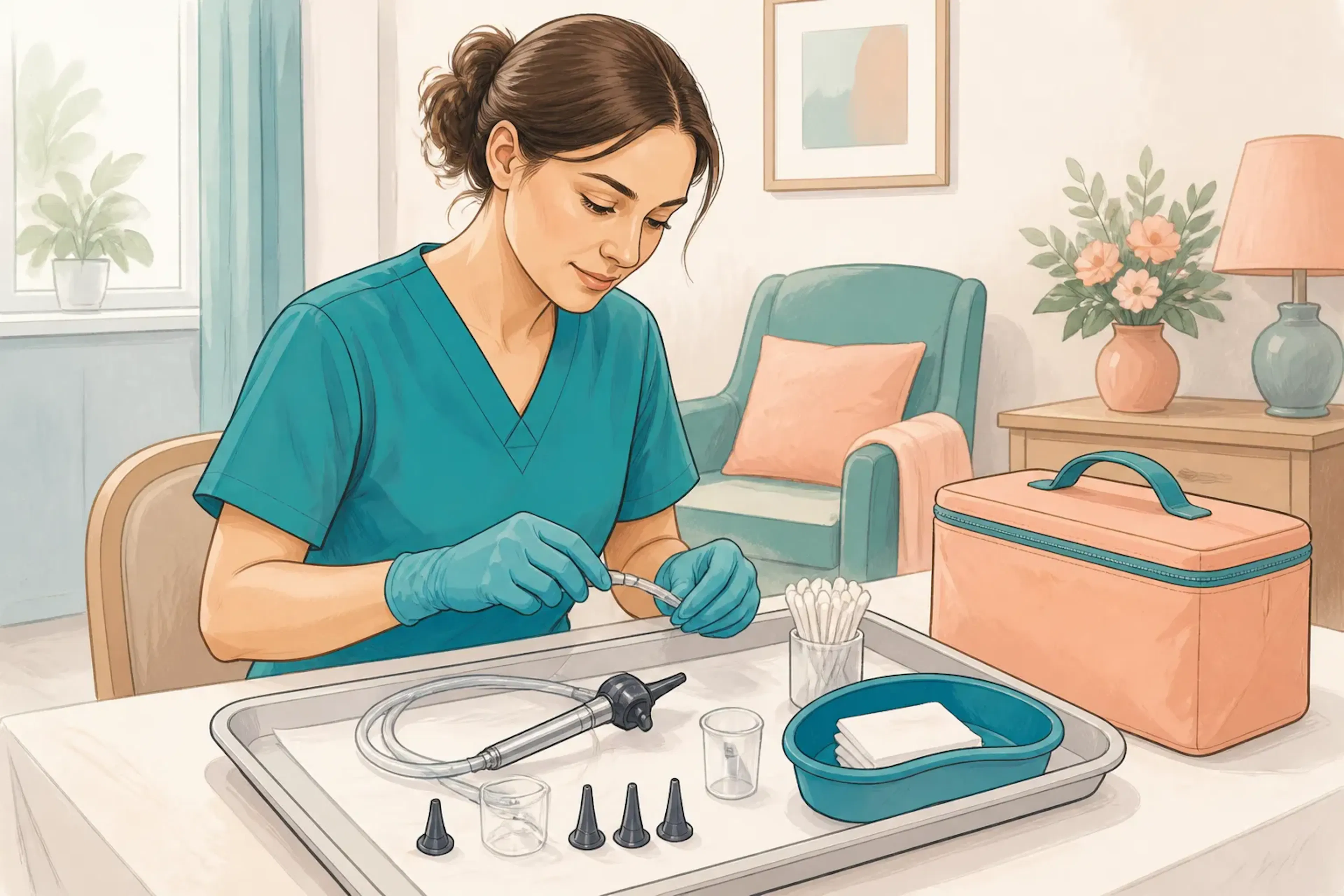 An audiology clinician preparing ear care equipment on a clean tray