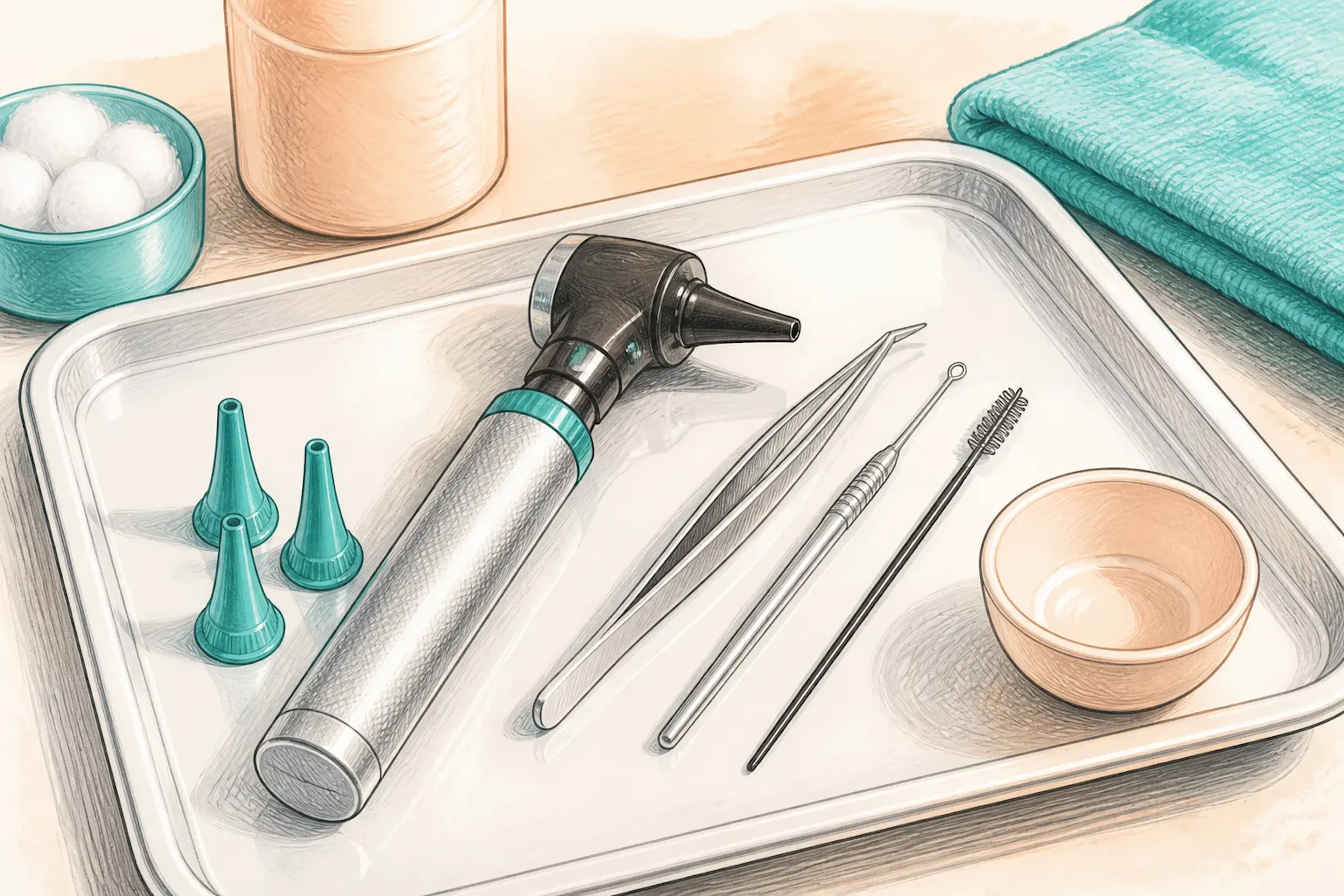 An otoscope and ear care tools arranged neatly on a clean medical tray