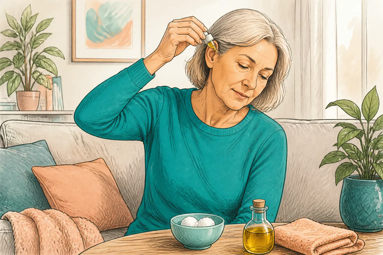 A person applying olive oil ear drops while seated in a living room