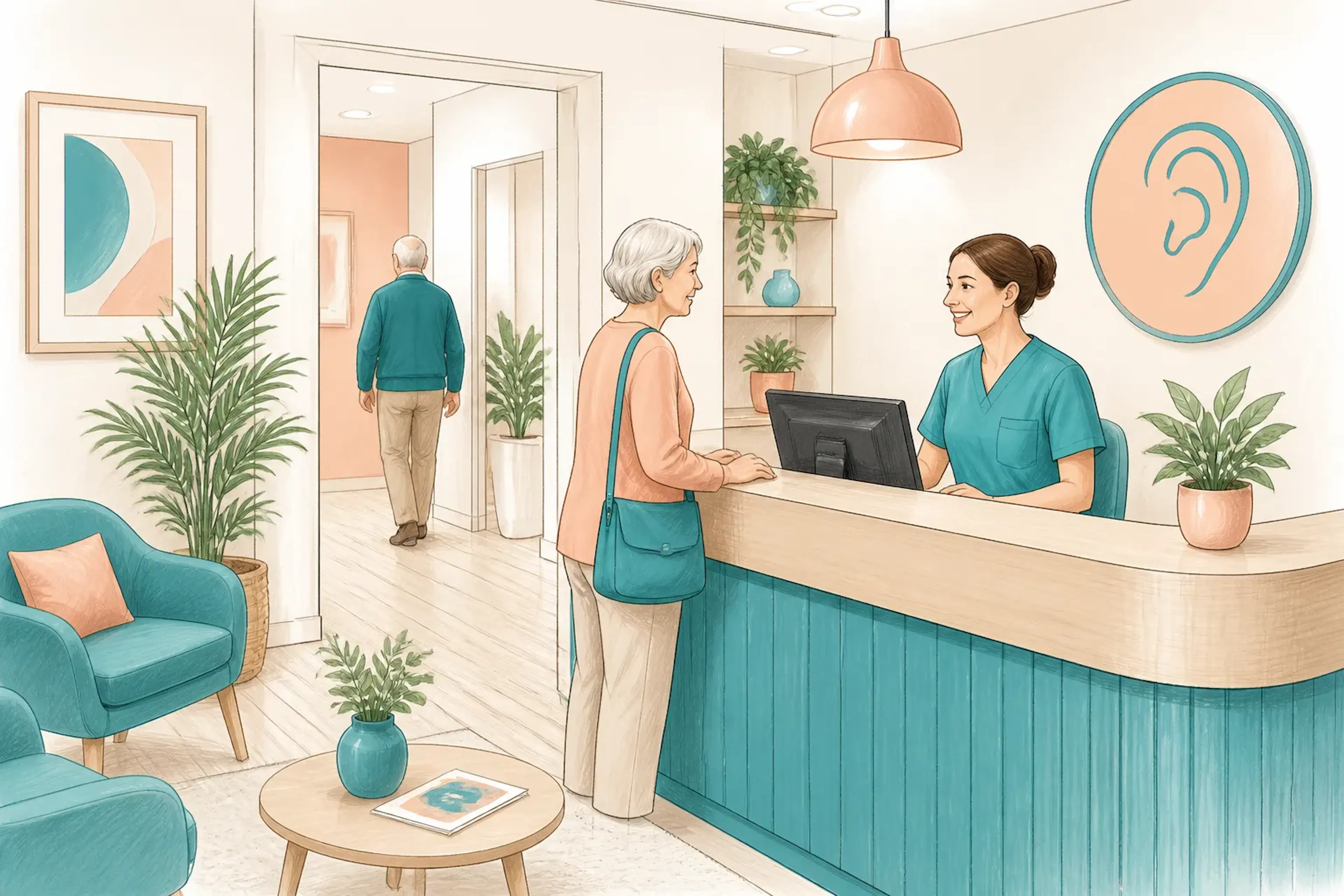 A calm clinic reception area for patients arriving for an appointment