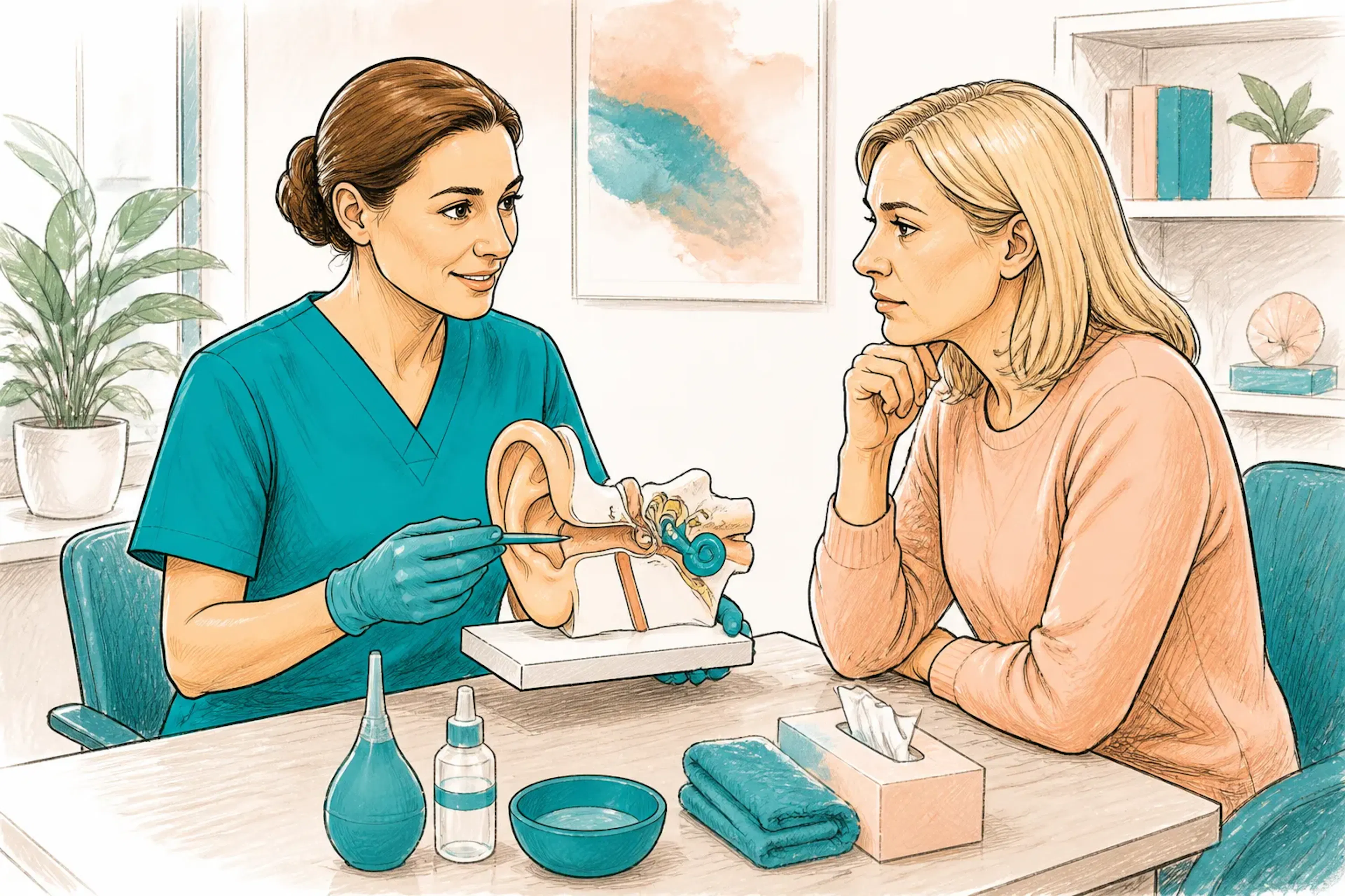 A clinician explaining ear care steps to a worried patient in a bright consultation room