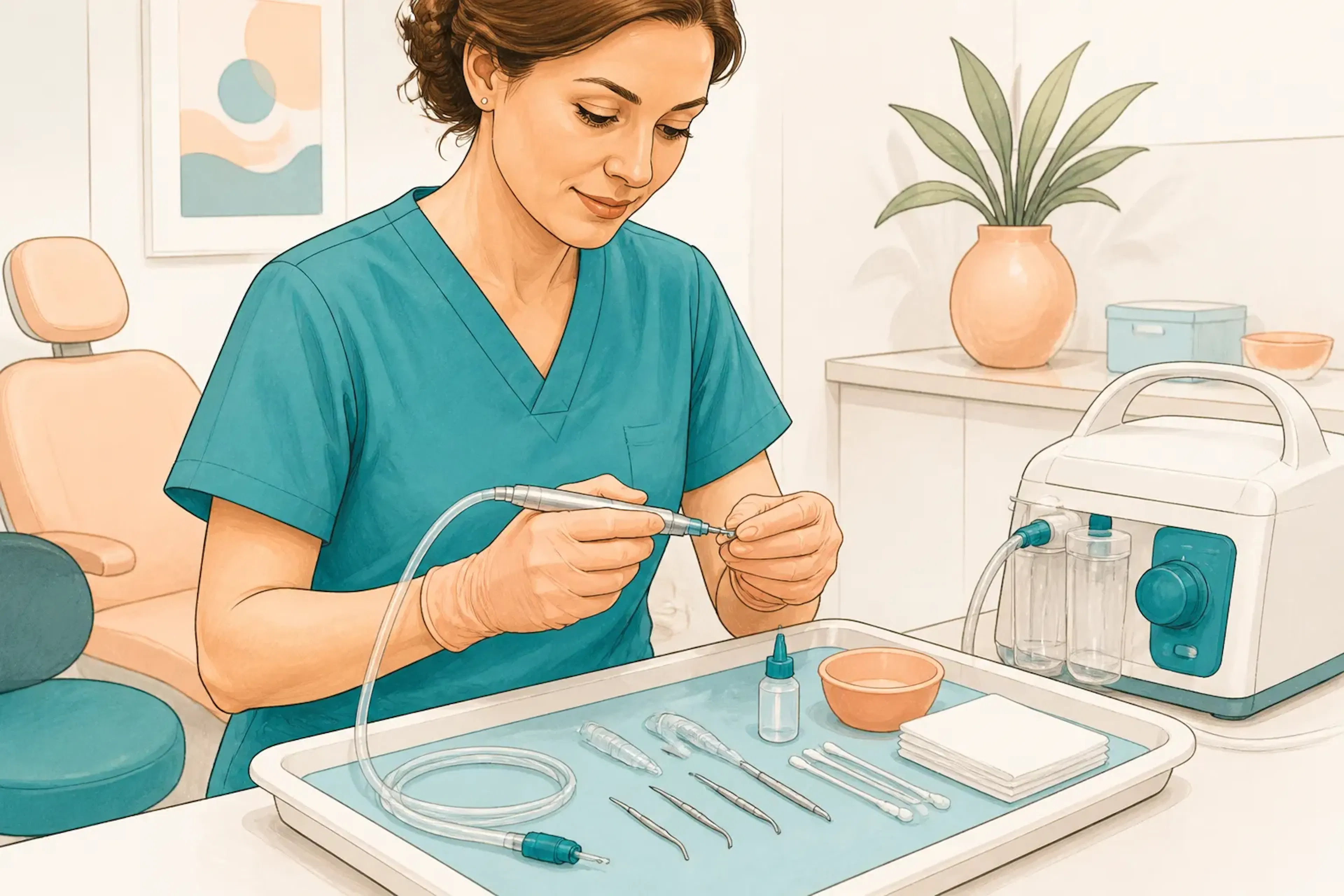A clinician preparing ear wax removal equipment on a clean treatment tray