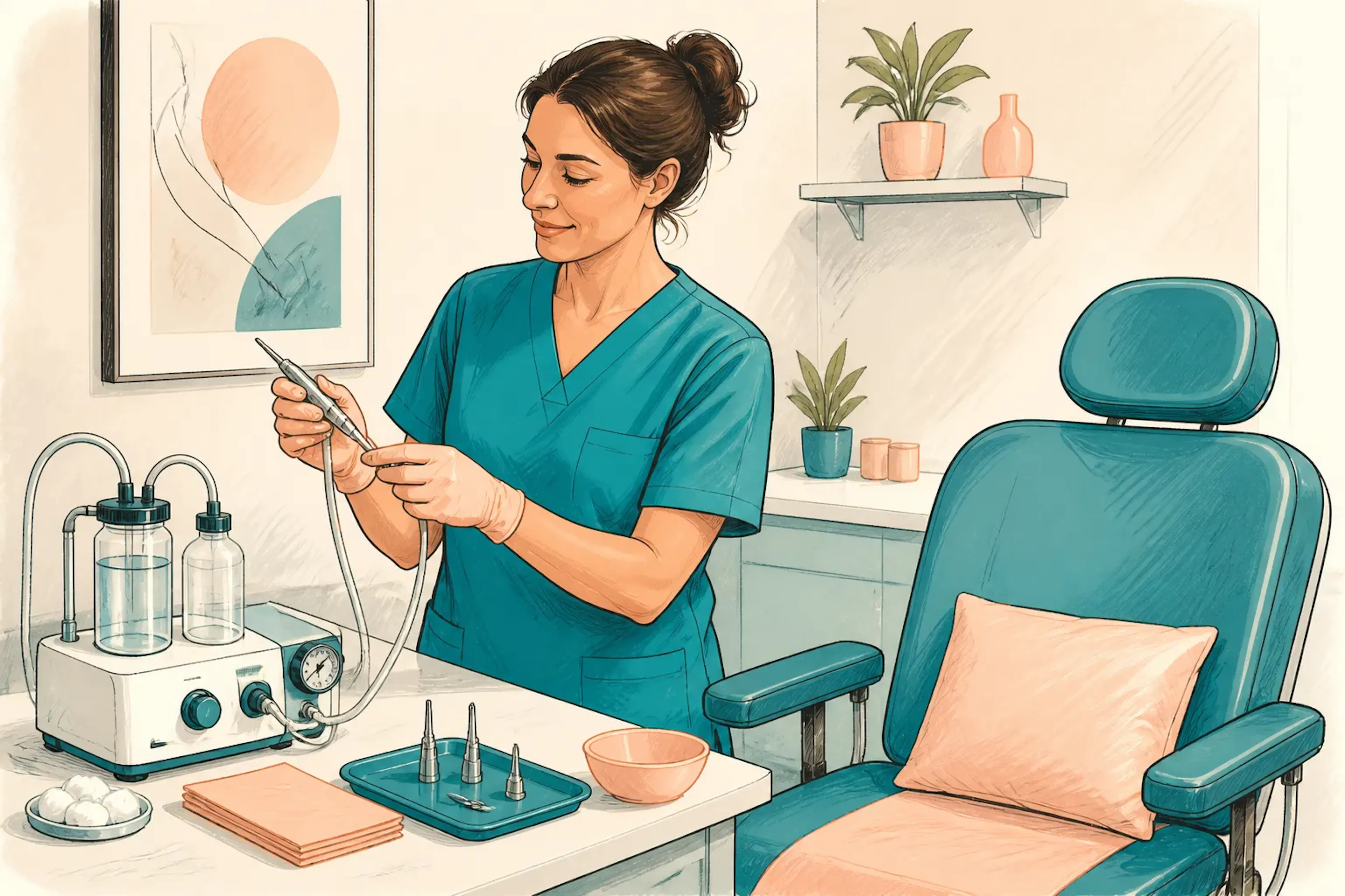 A clinician preparing microsuction equipment beside a patient chair