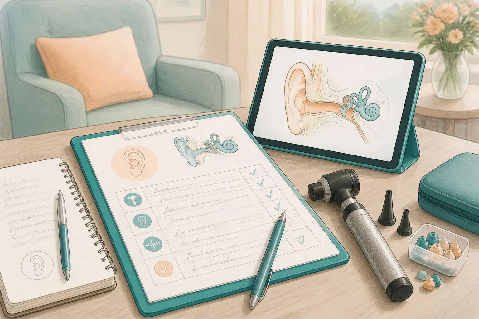 An ear health assessment form with notes beside a tablet and hearing care equipment