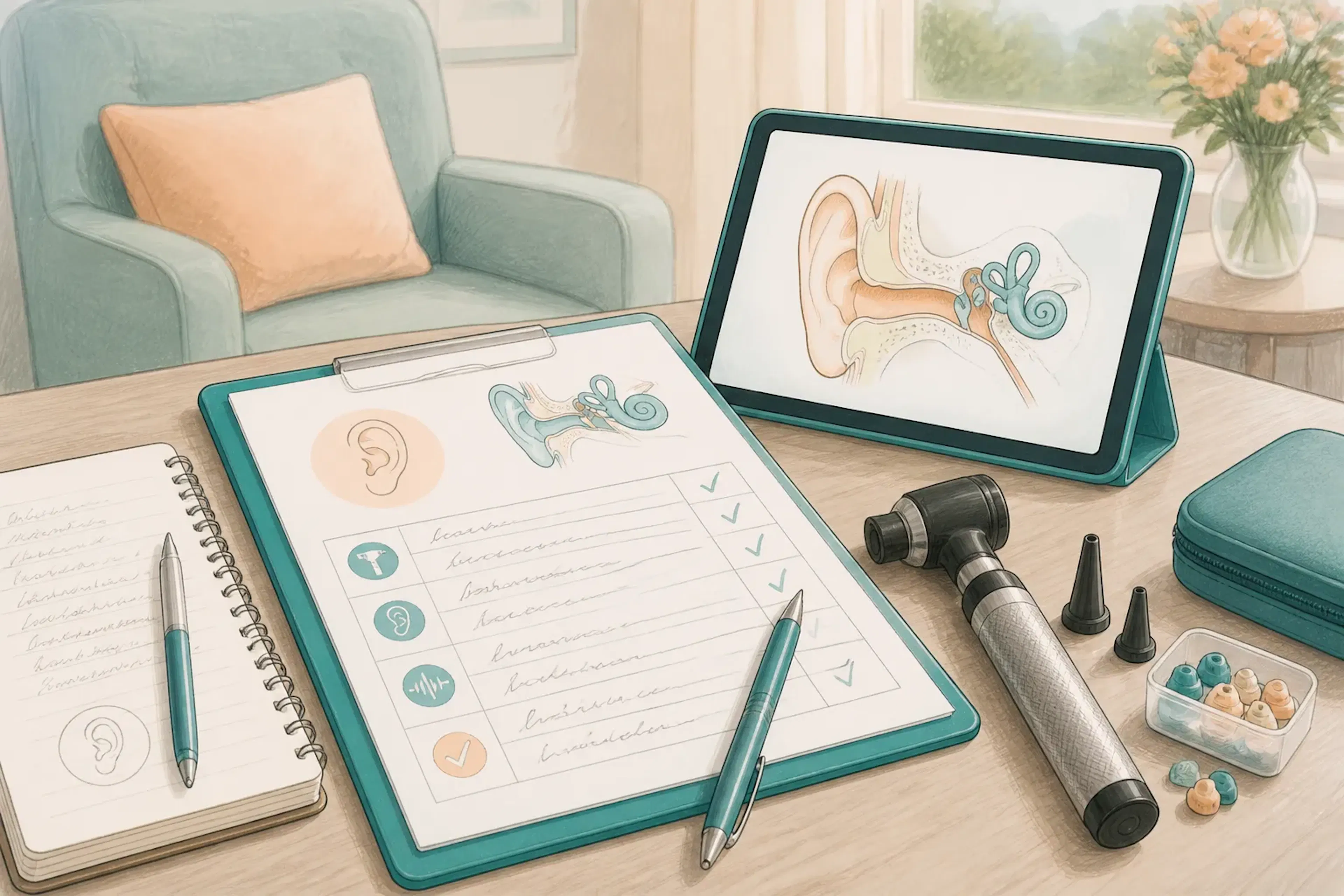 An ear health assessment form with notes beside a tablet and hearing care equipment