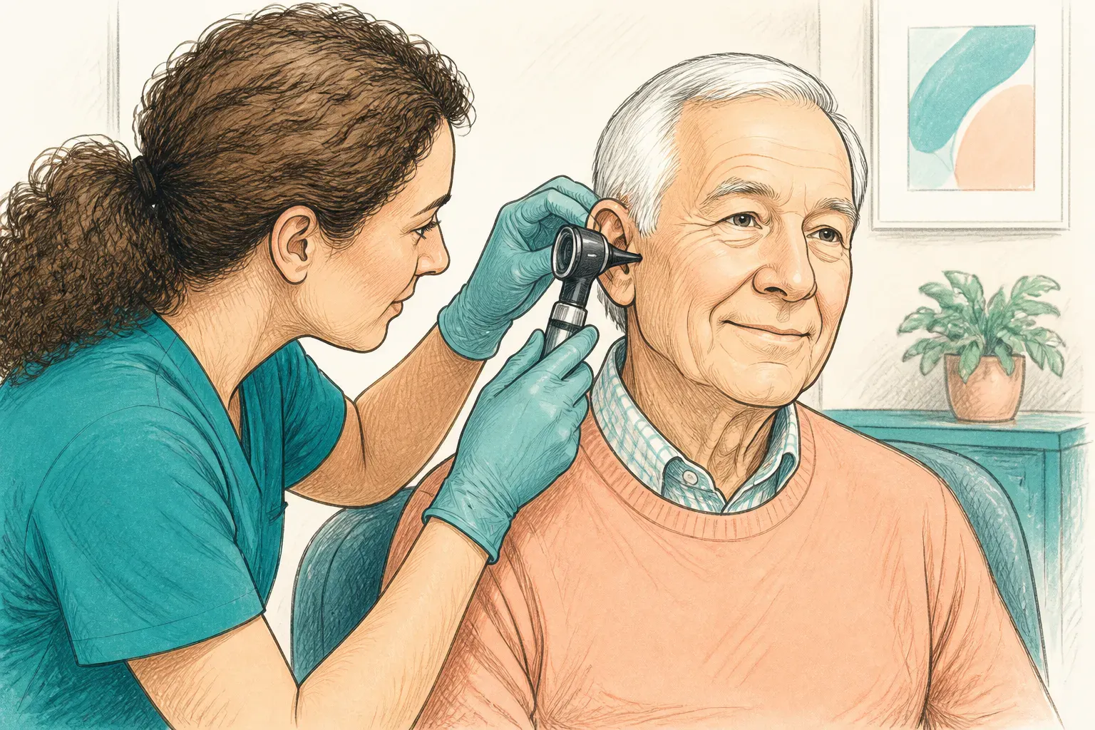 A clinician examining an older adult's ear with an otoscope during a check-up
