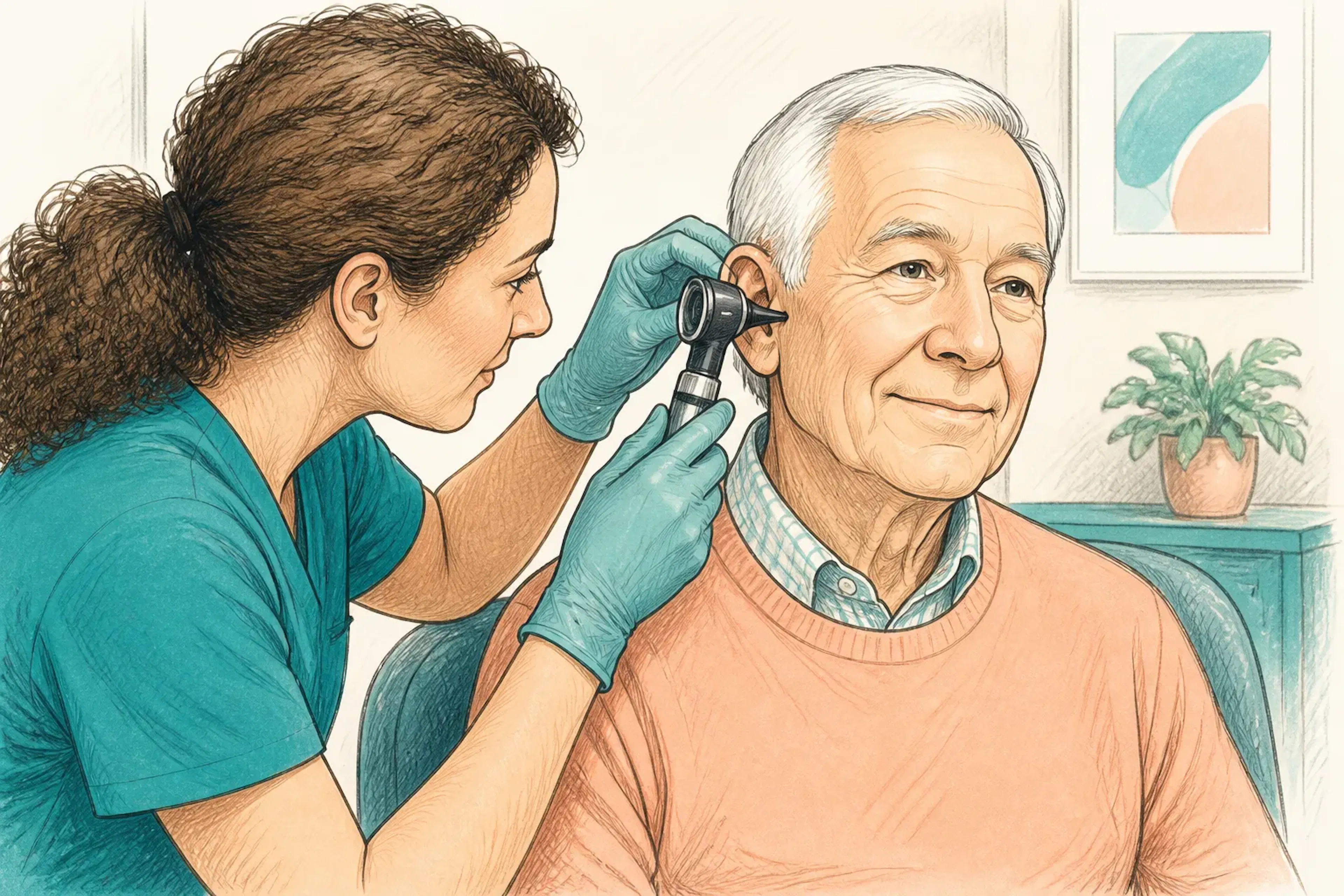 A clinician examining an older adult's ear with an otoscope during a check-up