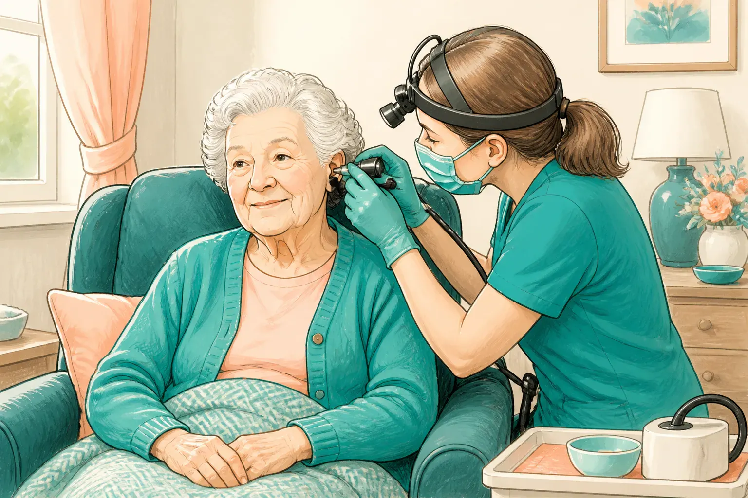 A resident sitting comfortably during an ear treatment visit