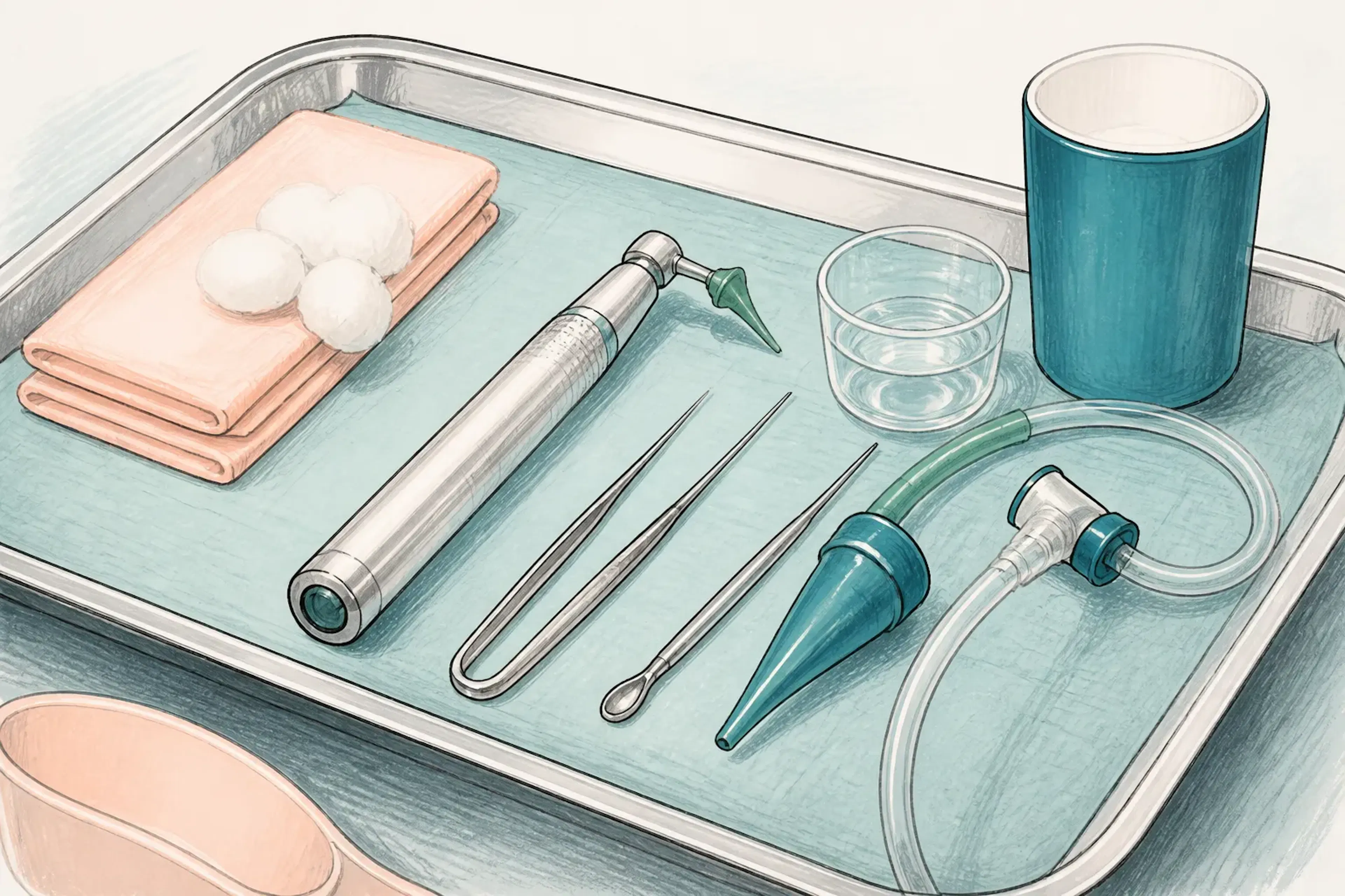A close view of sterile ear care tools laid out on a clean tray