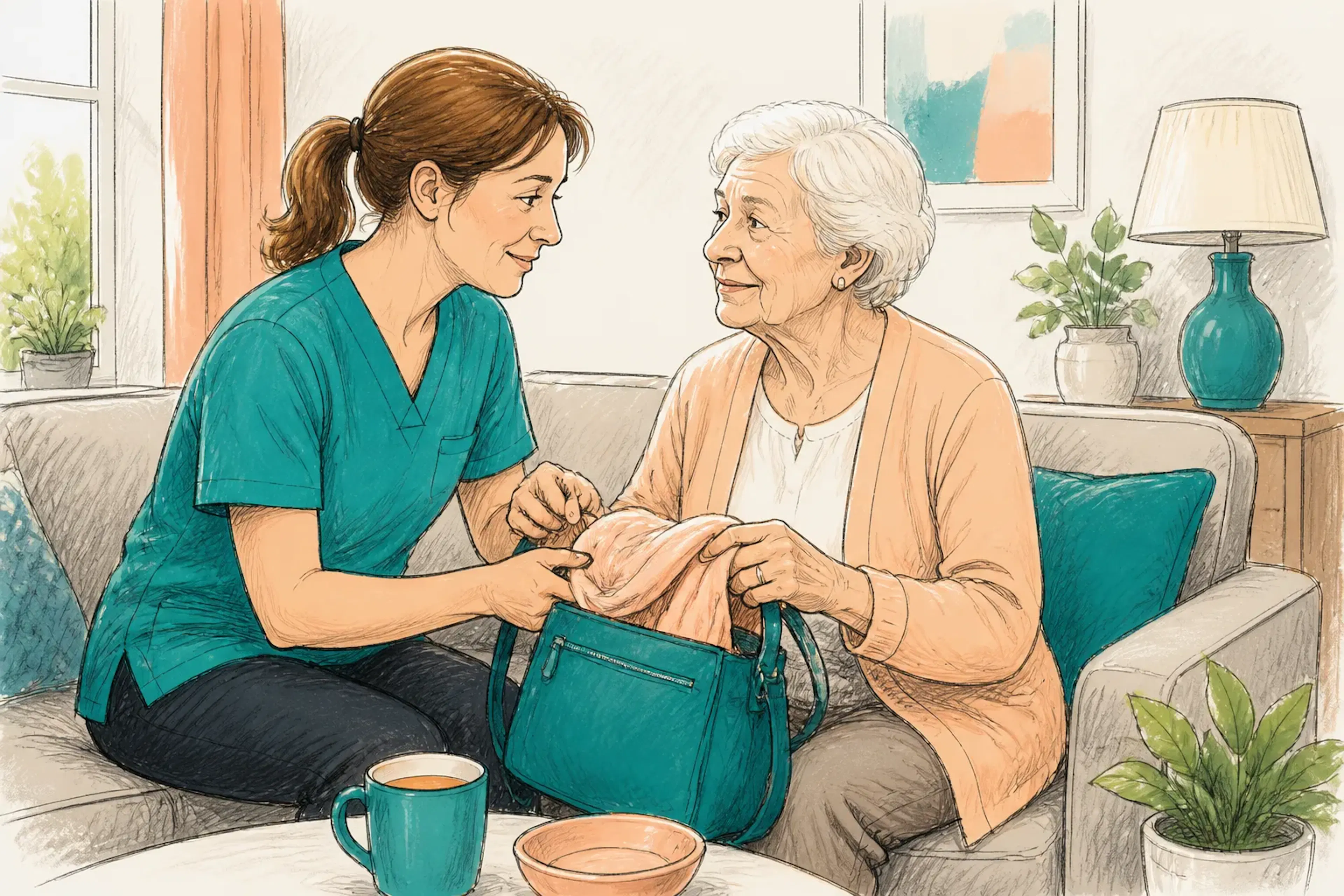 A care worker helping an older adult prepare for an ear health appointment