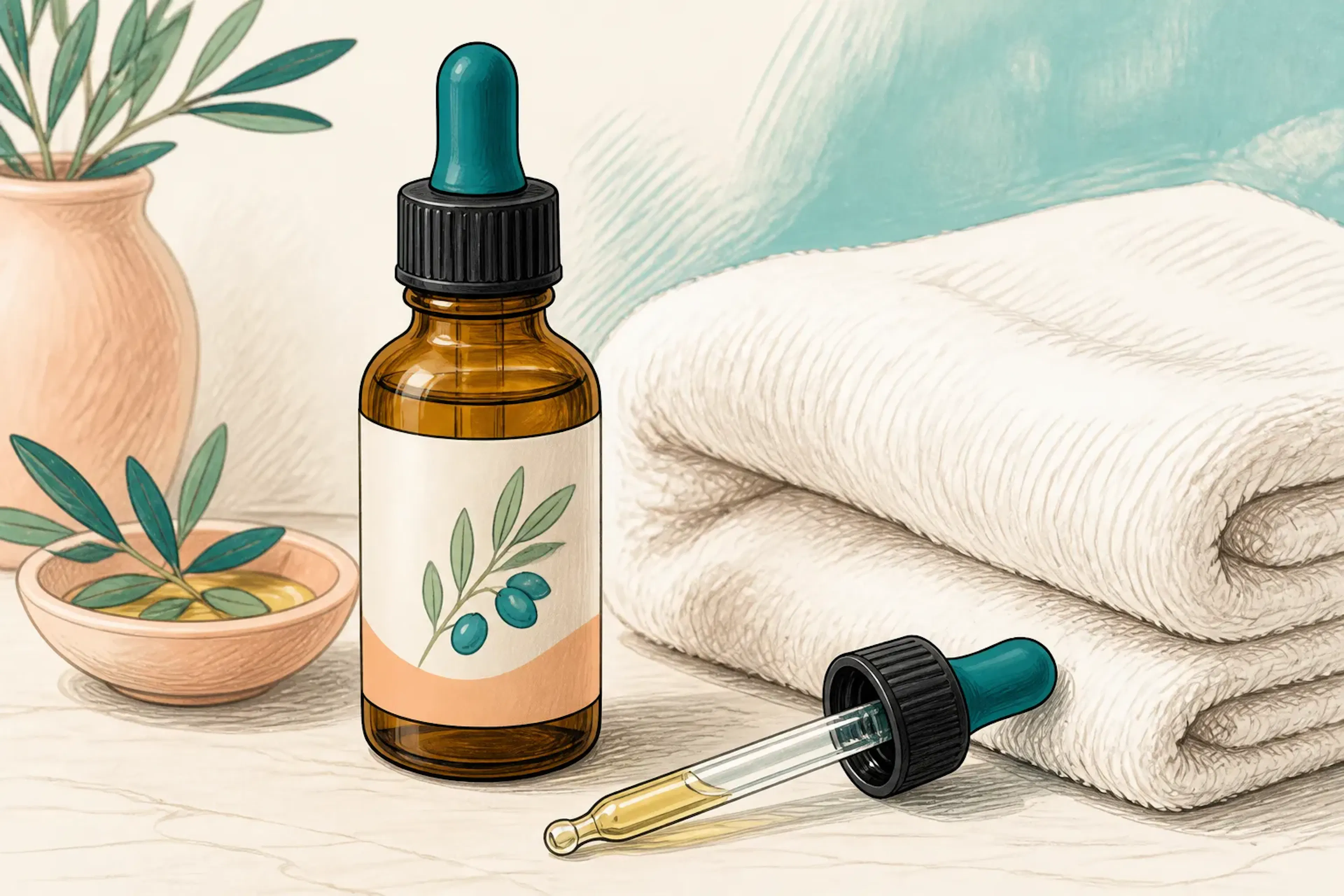 A bottle of olive oil ear drops beside a cotton towel and a glass dropper