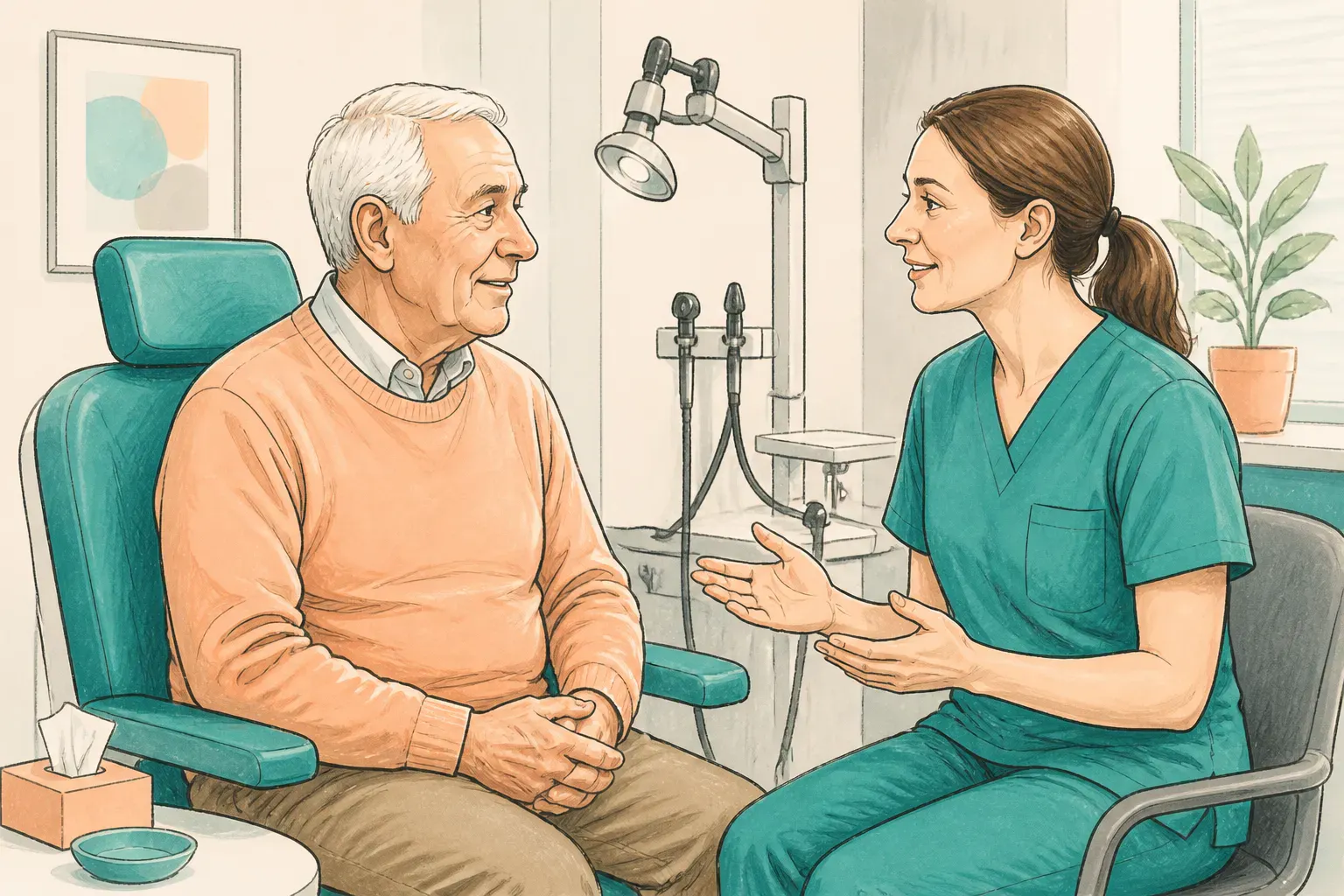 A patient speaking with a clinician before an ear examination