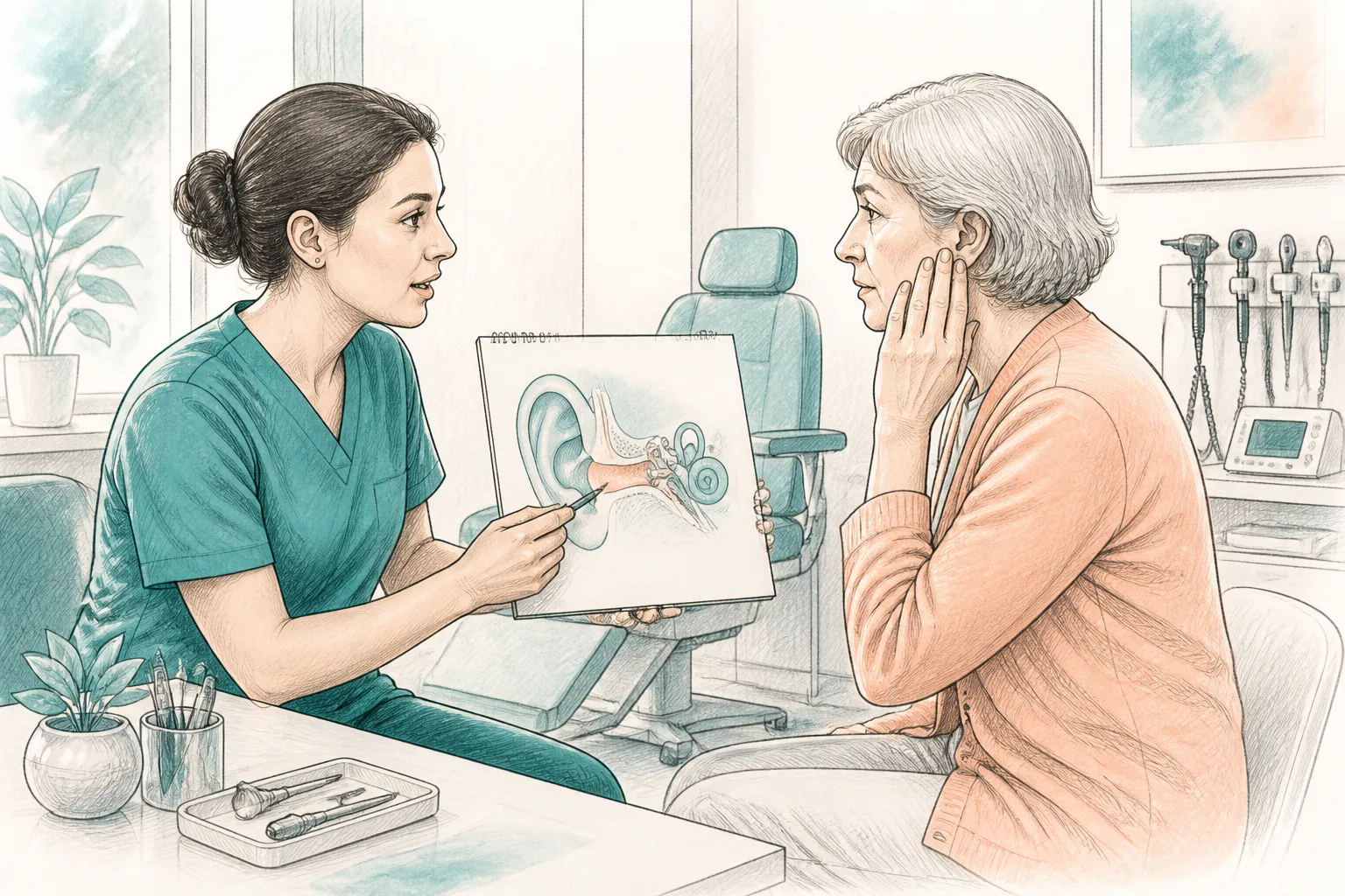 Audiology clinician explaining blocked ear symptoms to a patient