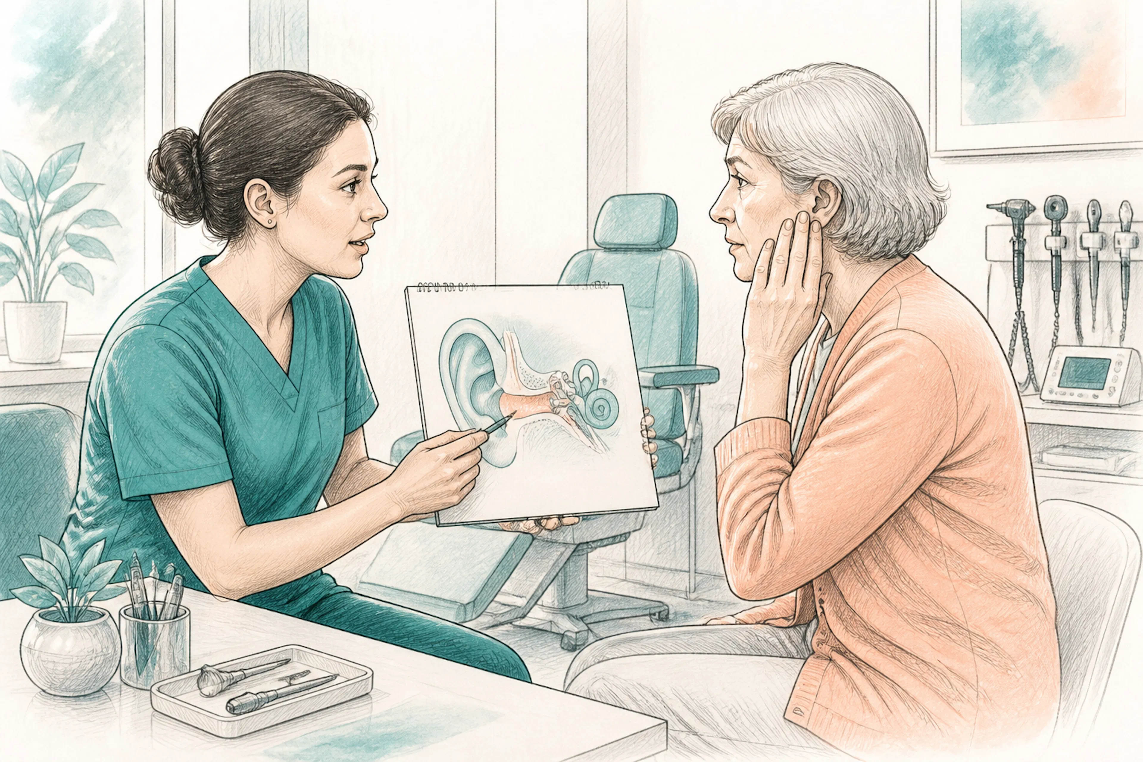 Audiology clinician explaining blocked ear symptoms to a patient