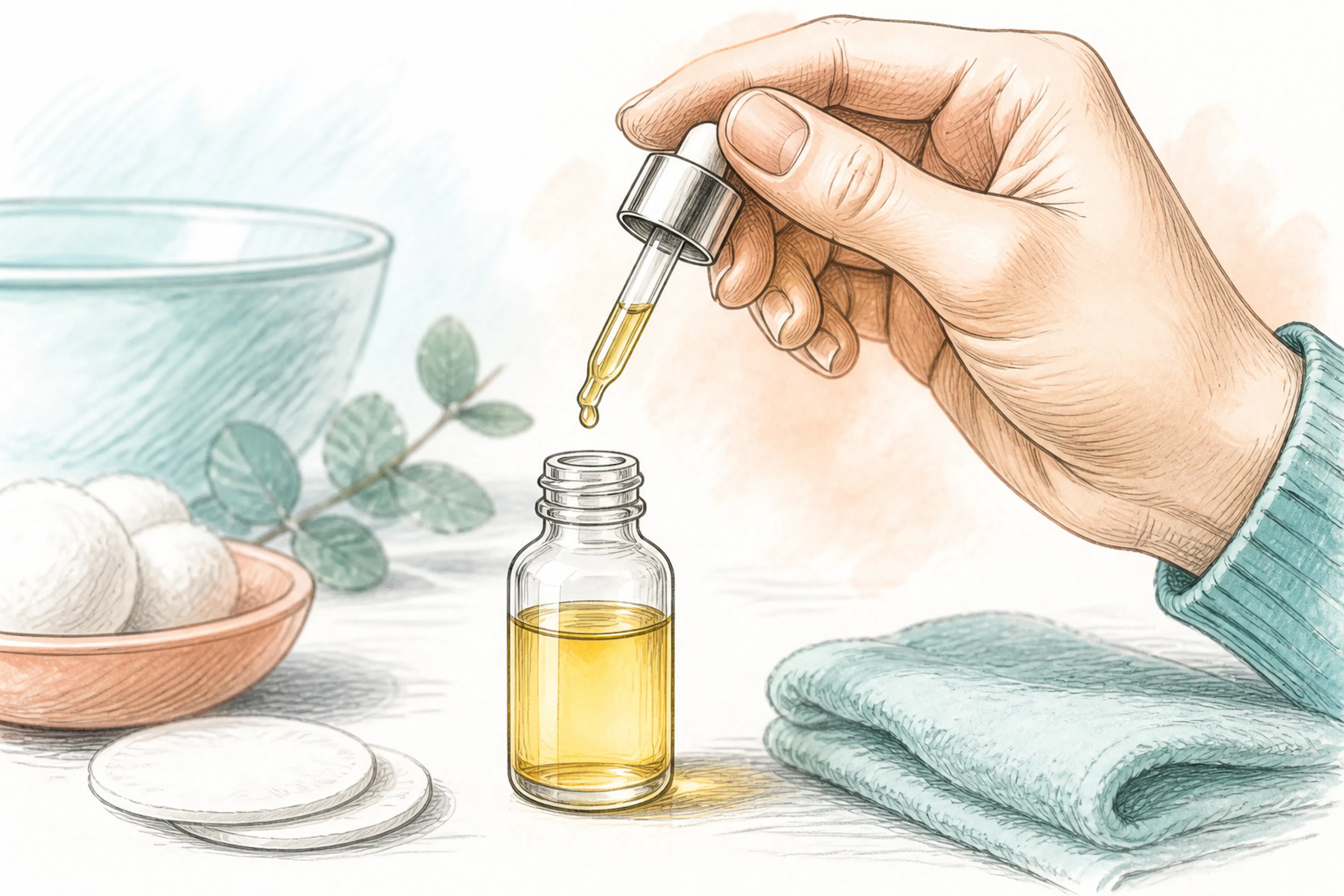Close-up of olive oil ear softening drops being prepared for use