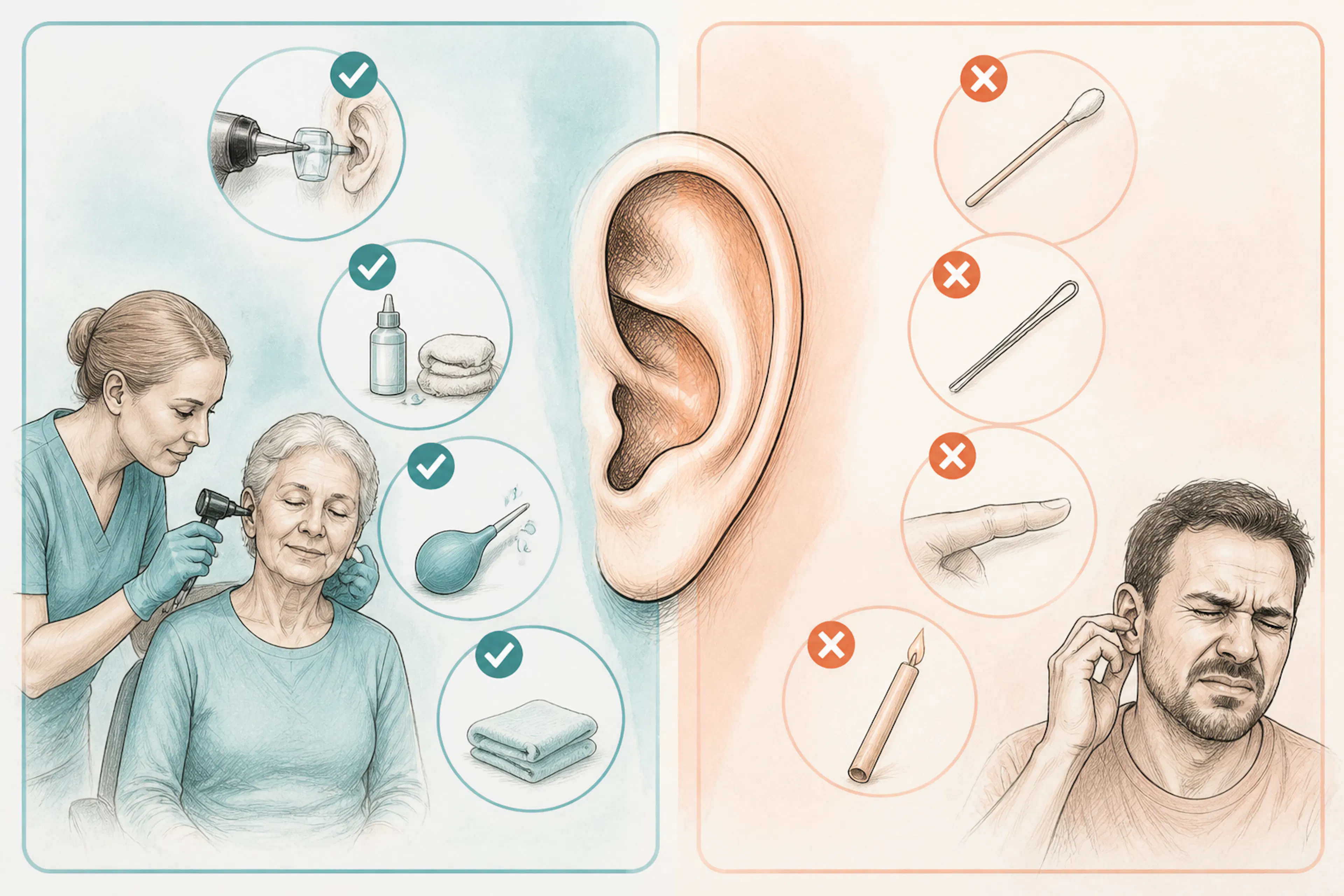 Comparison chart of safe and unsafe ear cleaning methods