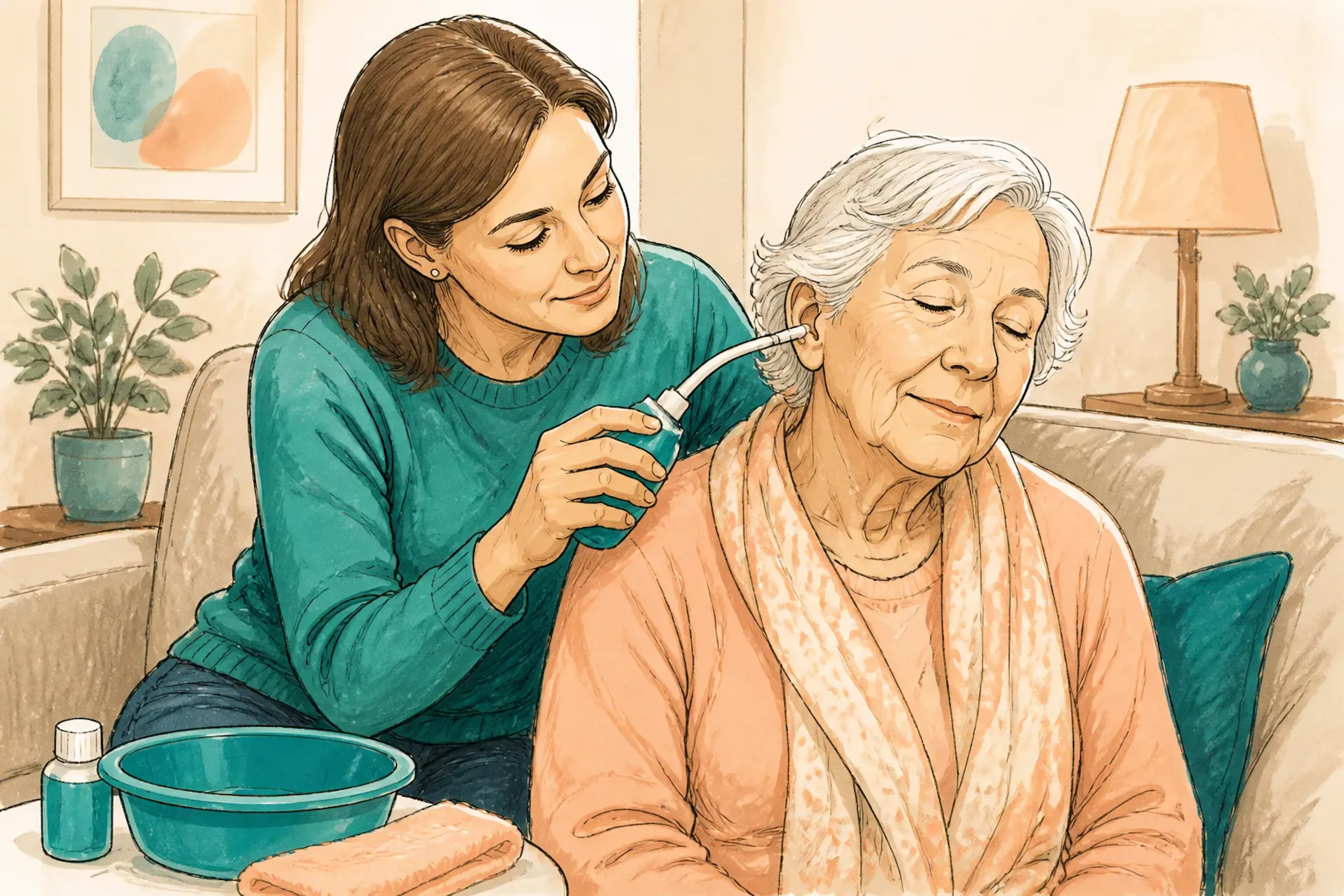 Family member helping an elderly person with ear care at home