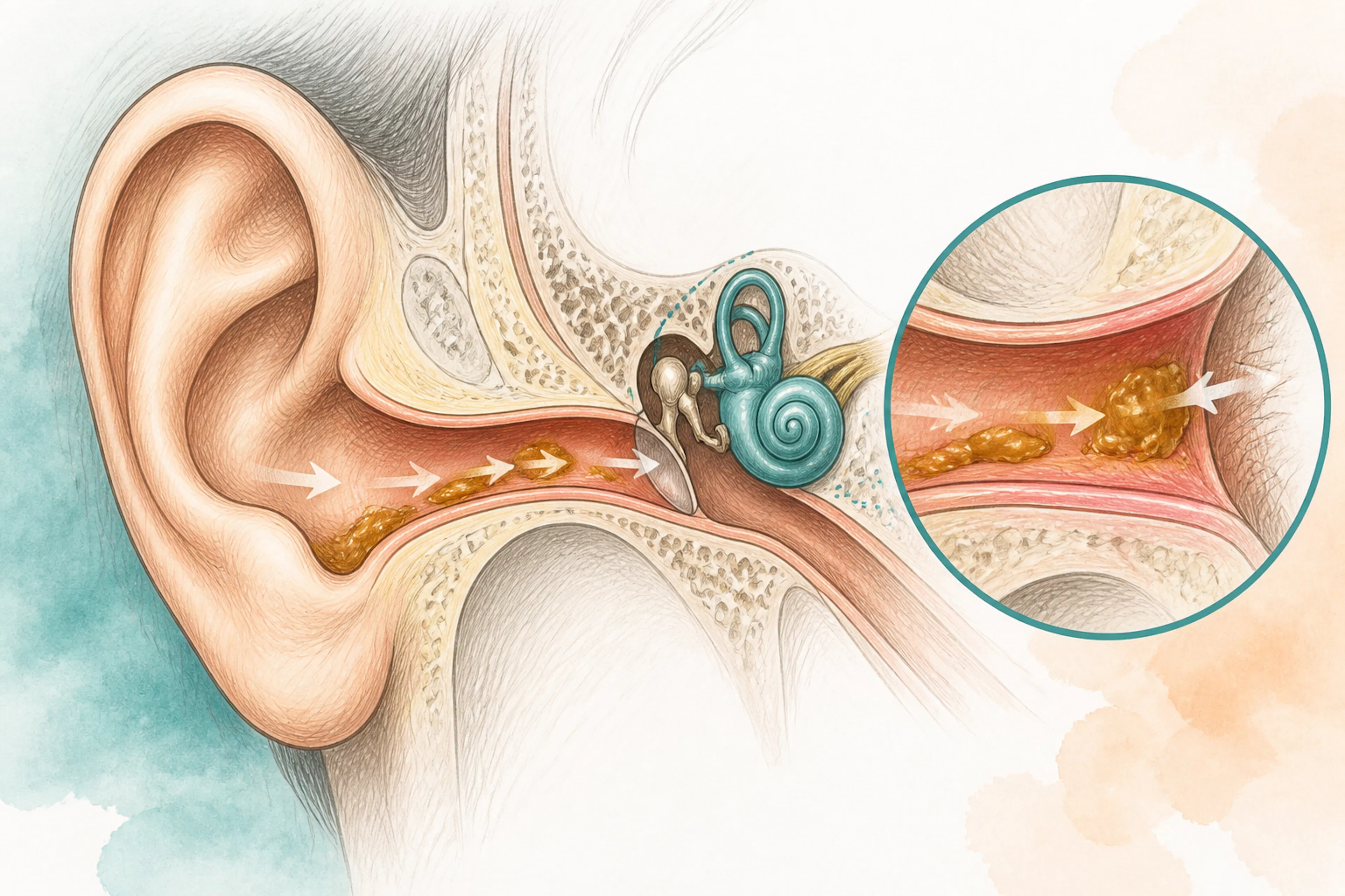 Close-up illustration of the ear canal and natural wax movement
