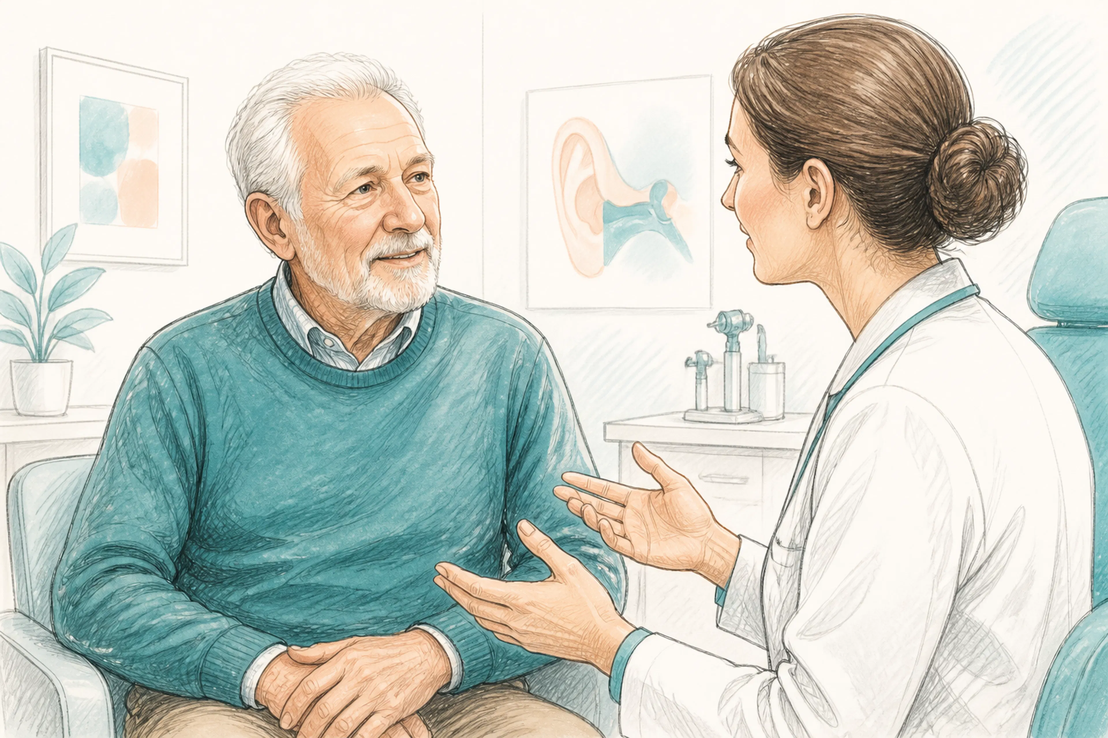 Older adult receiving ear health advice from a professional