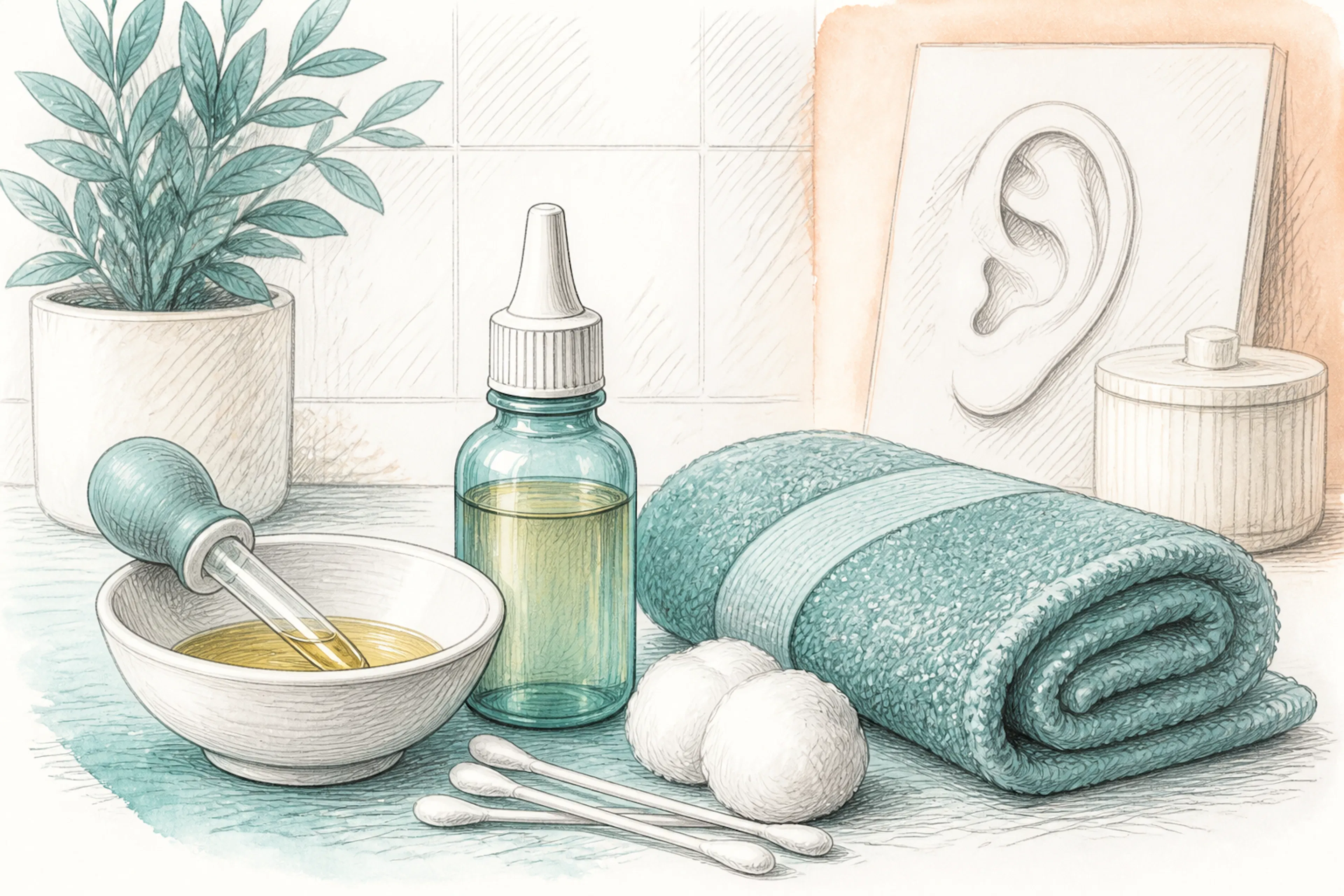 Home ear care essentials, including olive oil drops and a towel