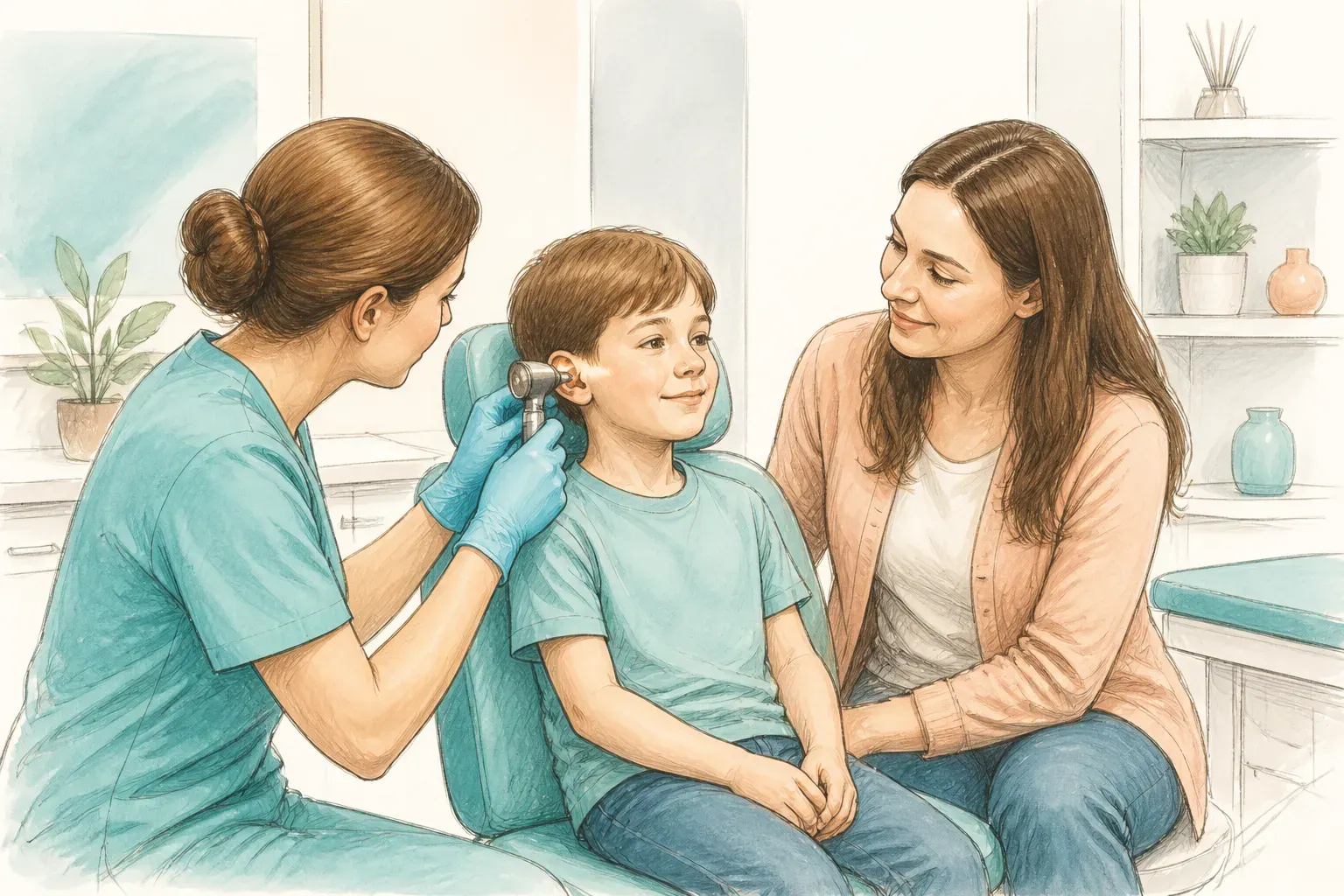 A child sitting calmly during an ear health check with a parent nearby