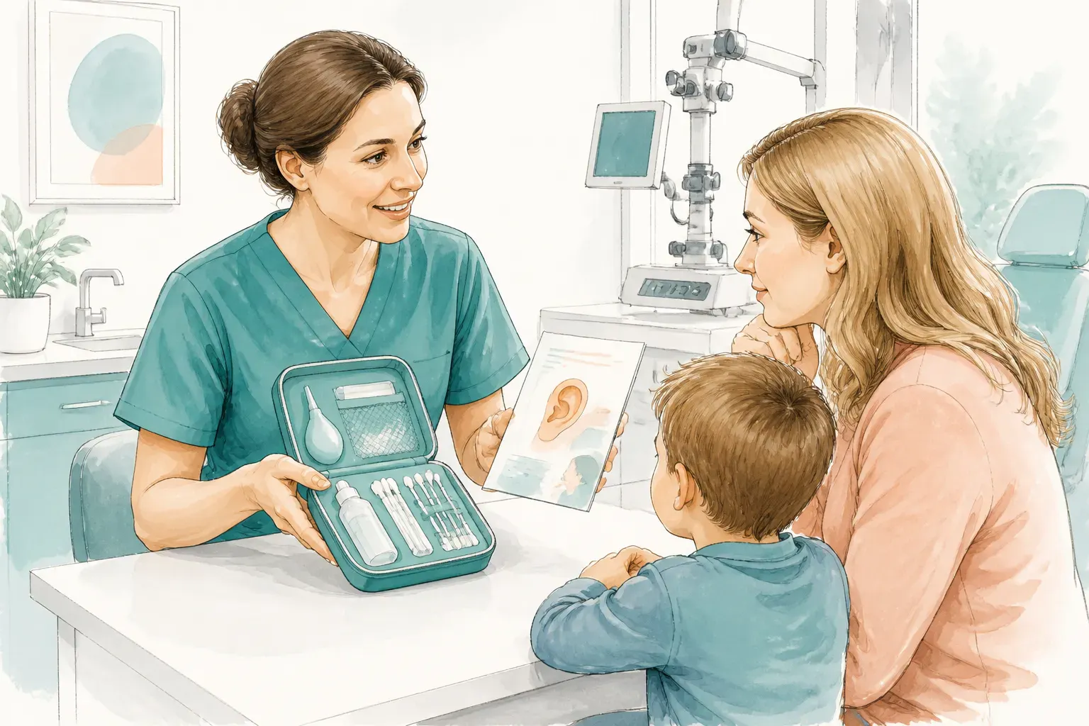 A clinician showing a parent a safe ear care kit and guidance leaflet
