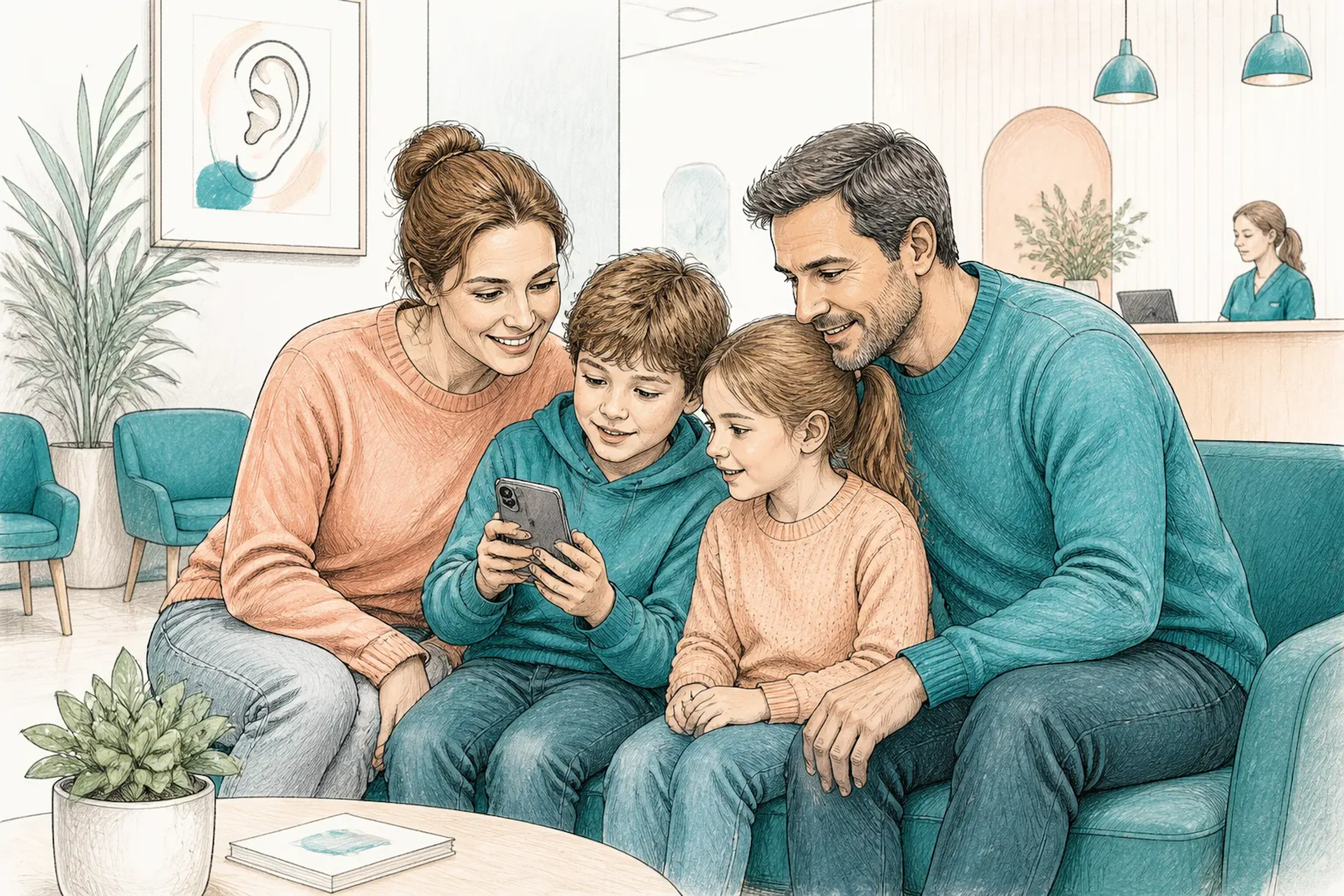 A family reviewing ear care advice on a phone in a waiting room