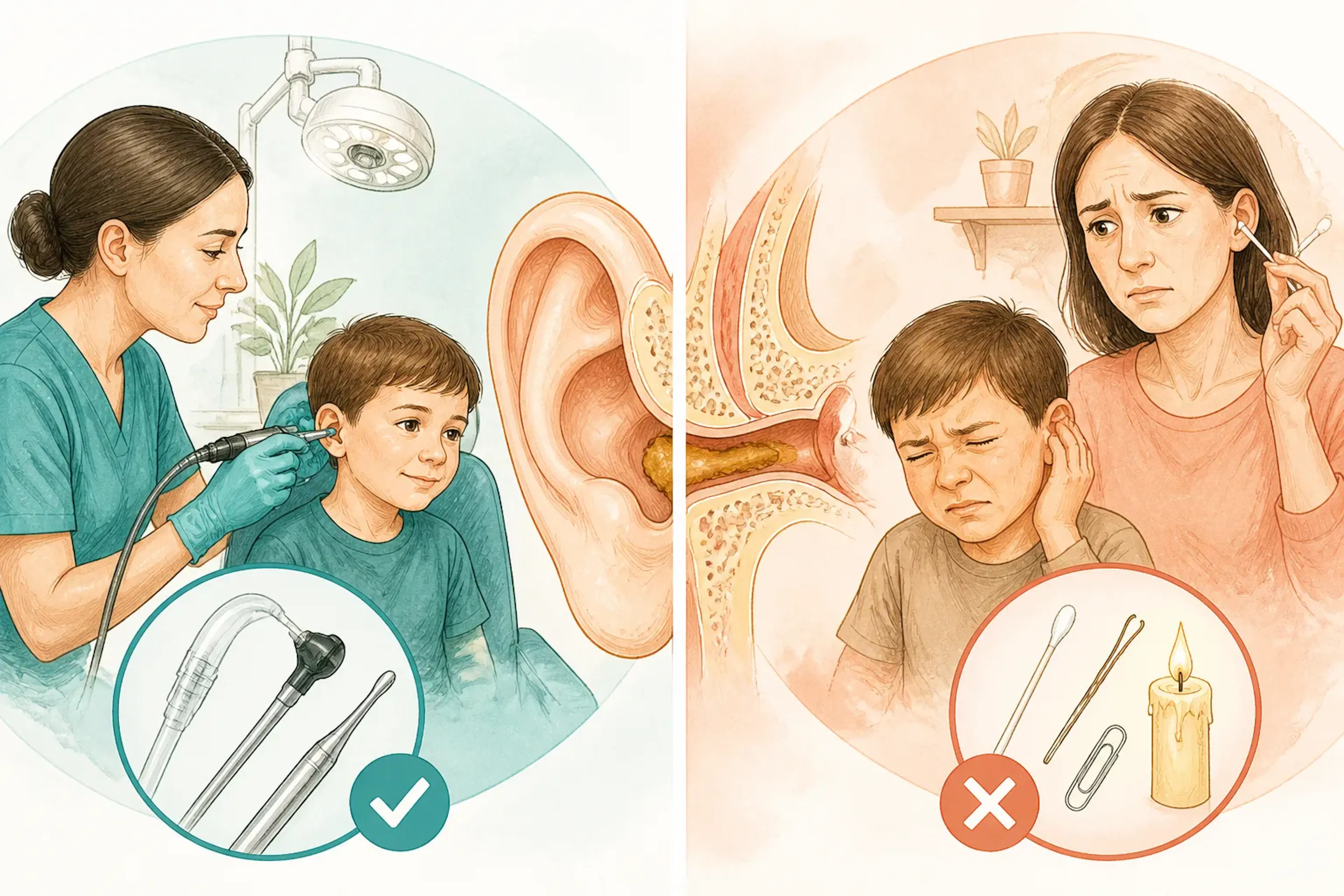 An illustrated comparison of safe and unsafe earwax removal methods
