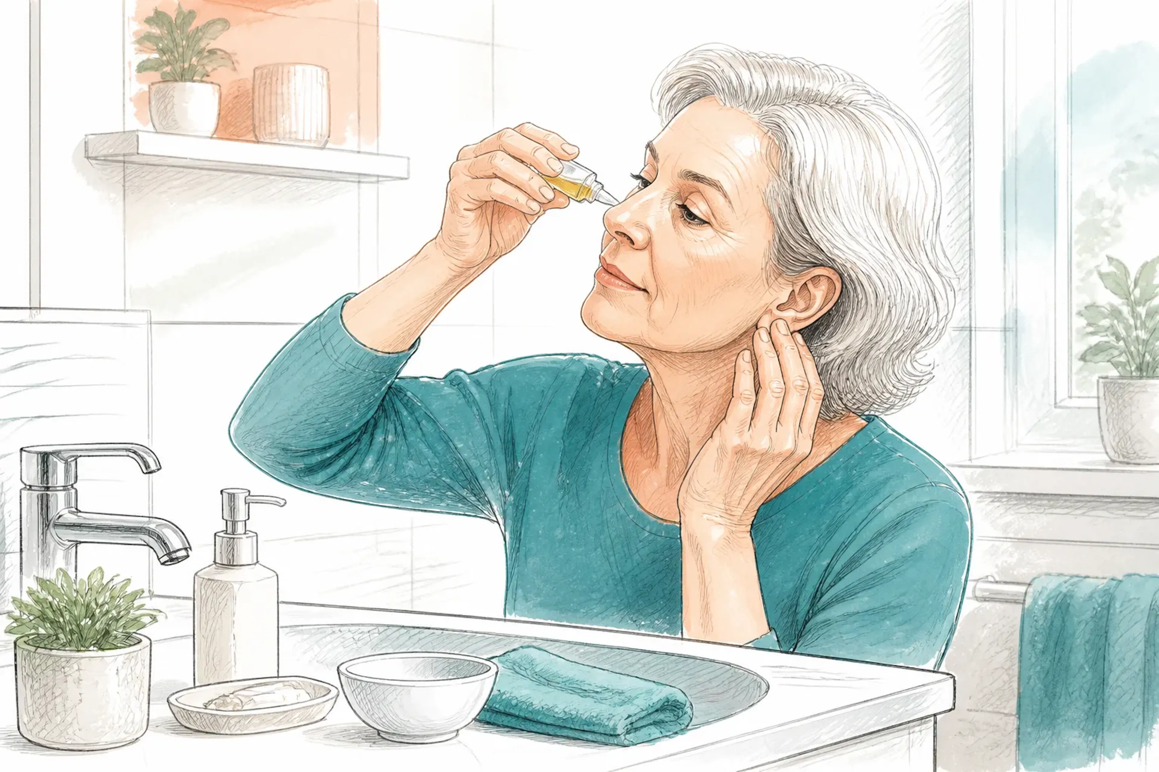 A person using olive oil ear drops at home beside a bathroom sink