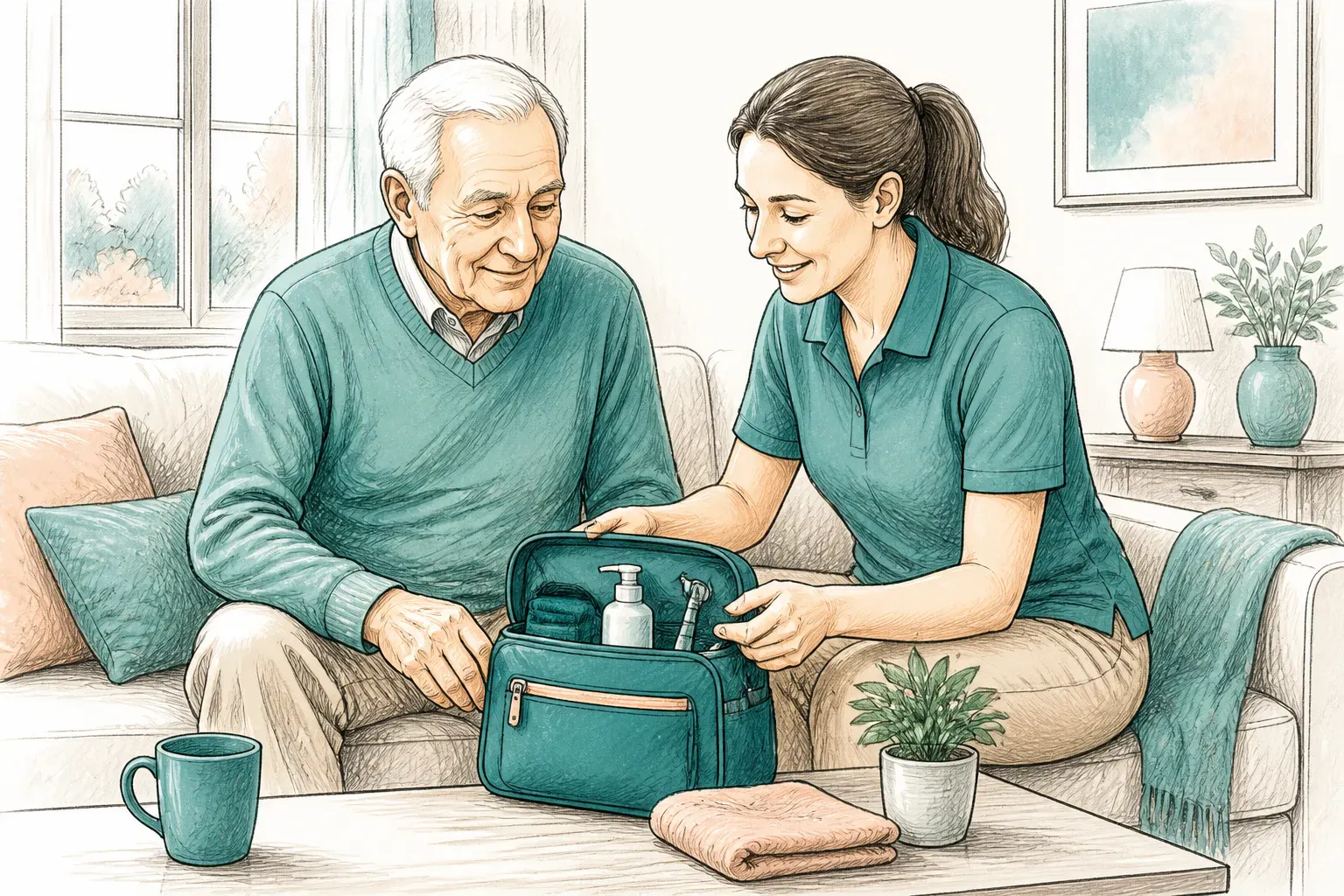 A carer helping an older adult prepare for a home ear care appointment