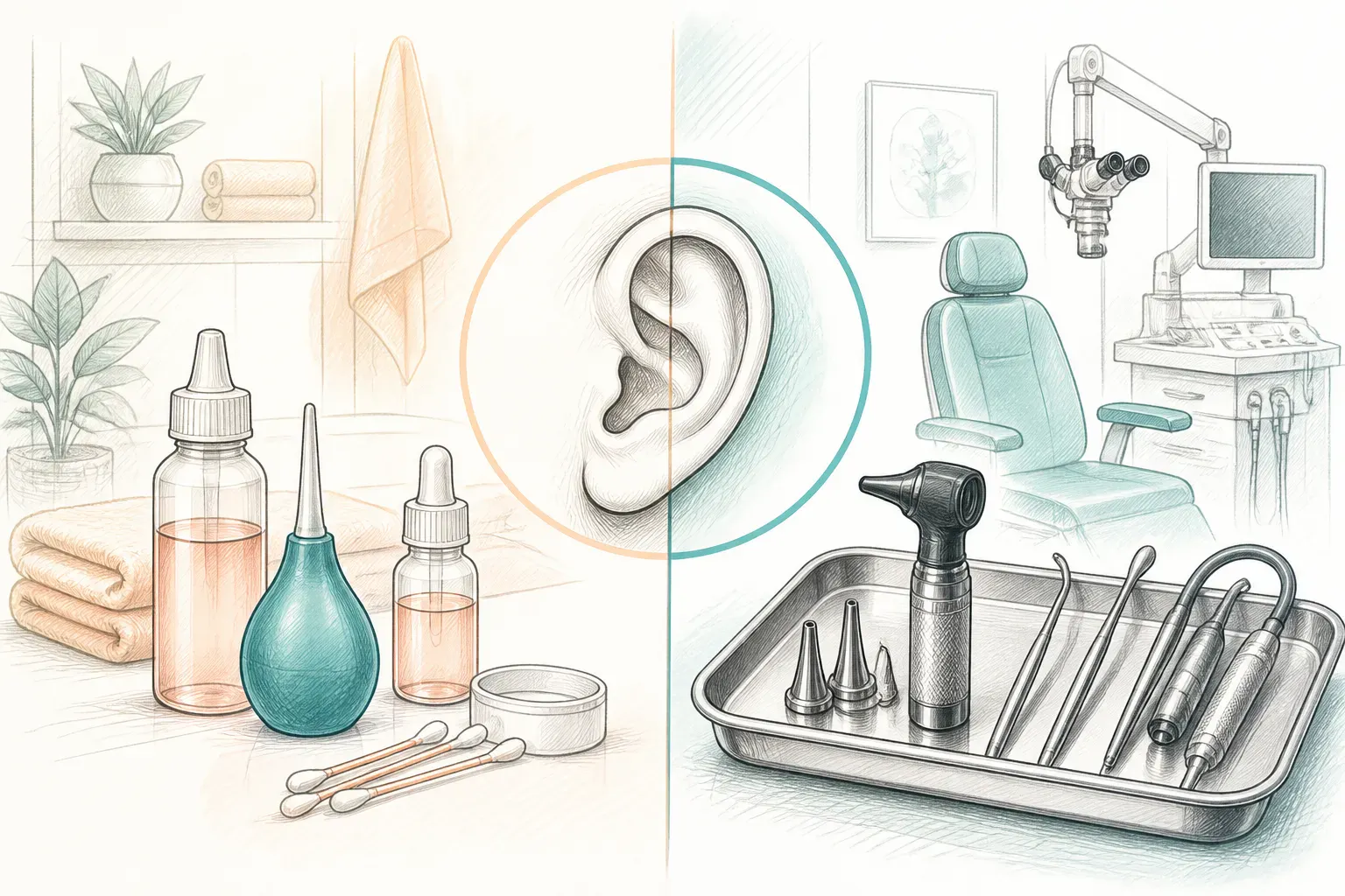 A side-by-side comparison of home earwax care products and clinic instruments