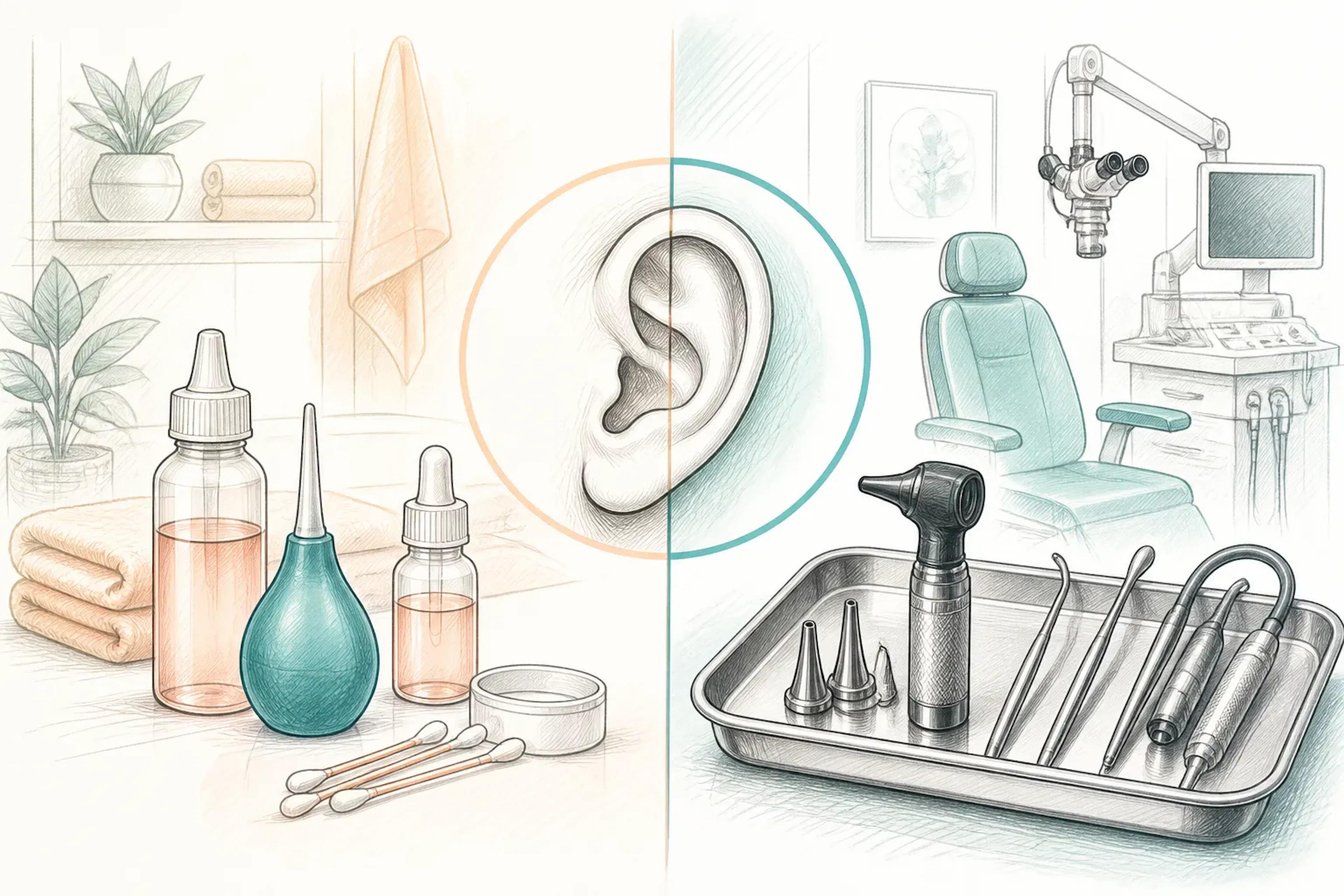 A side-by-side comparison of home earwax care products and clinic instruments
