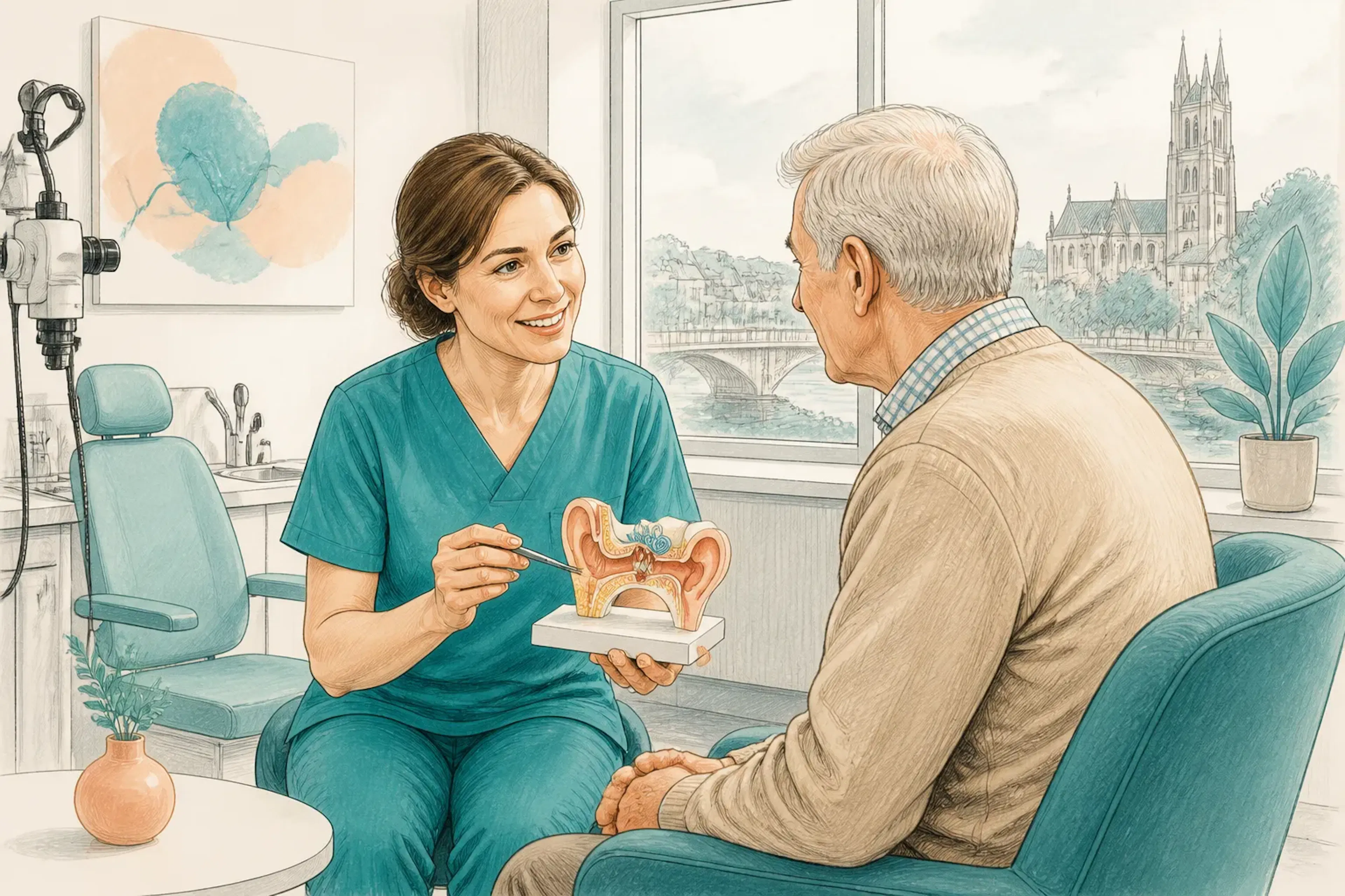 A friendly ear health consultation in a calm Bristol clinic setting