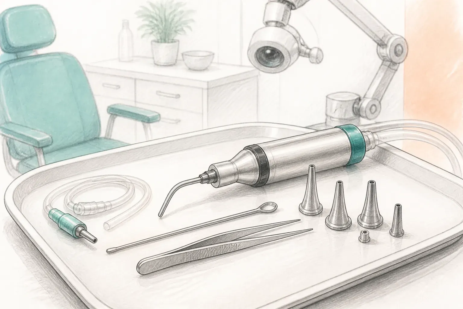 A close-up of earwax removal equipment arranged on a treatment tray