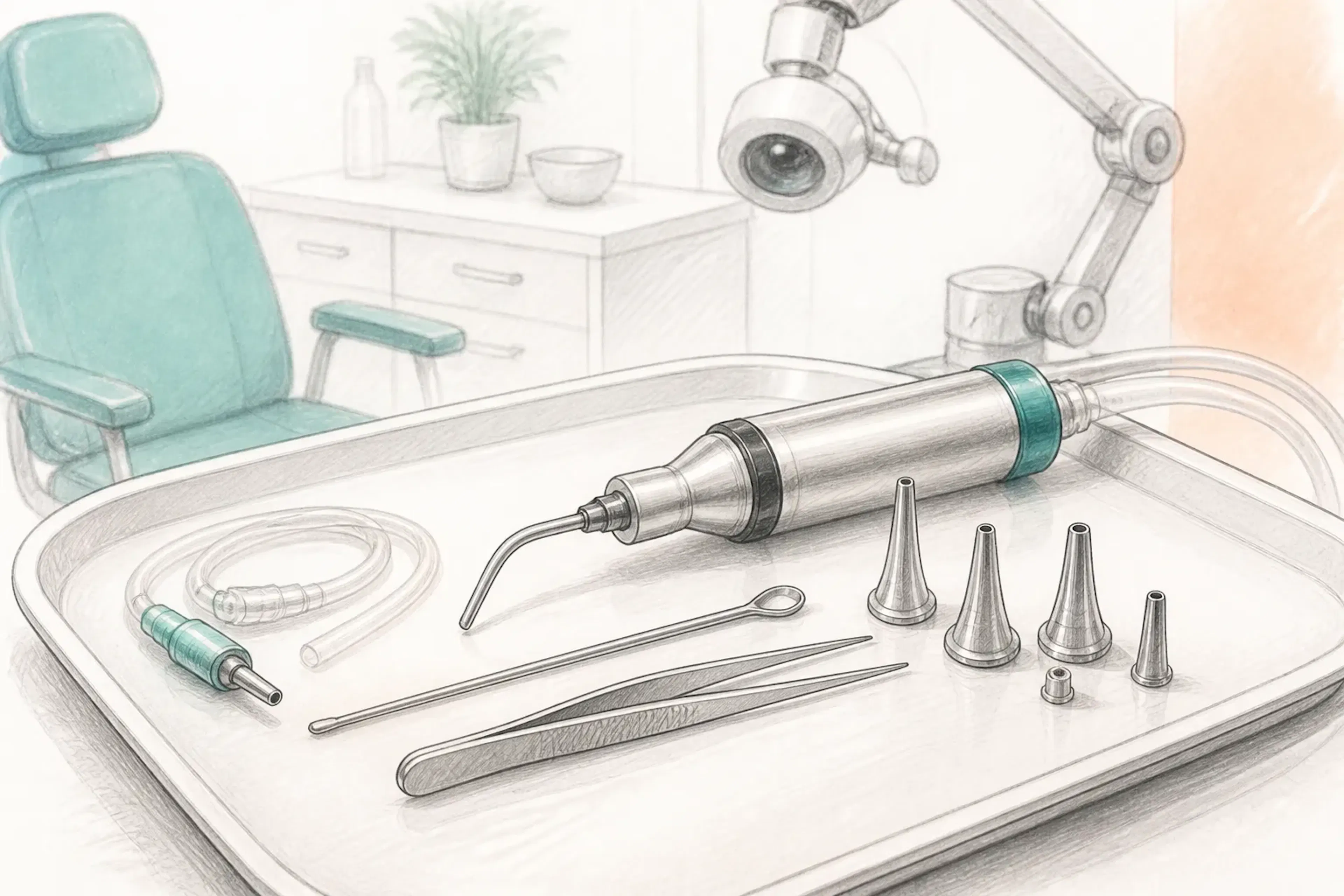A close-up of earwax removal equipment arranged on a treatment tray