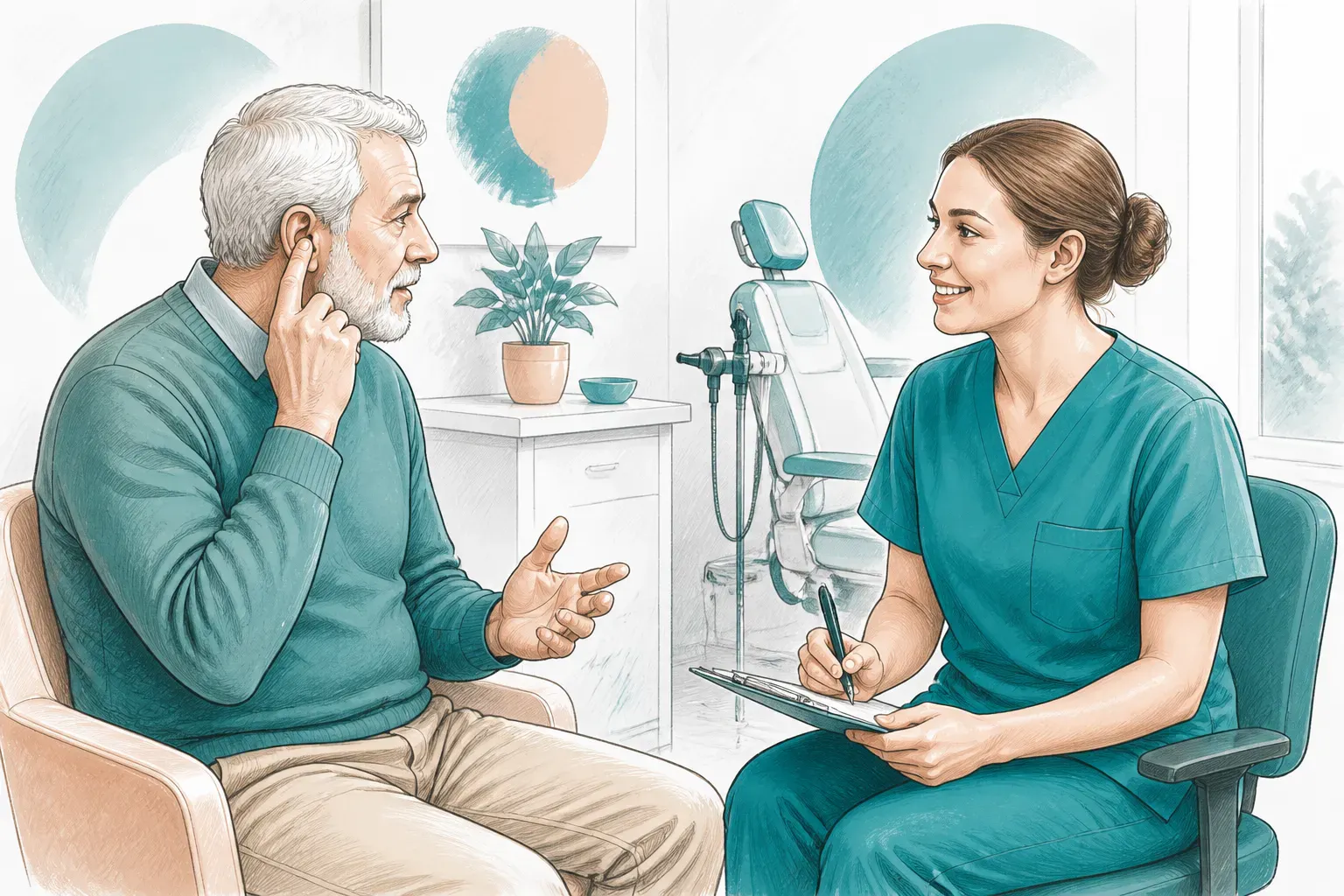 A patient speaking with a clinician before an ear treatment appointment