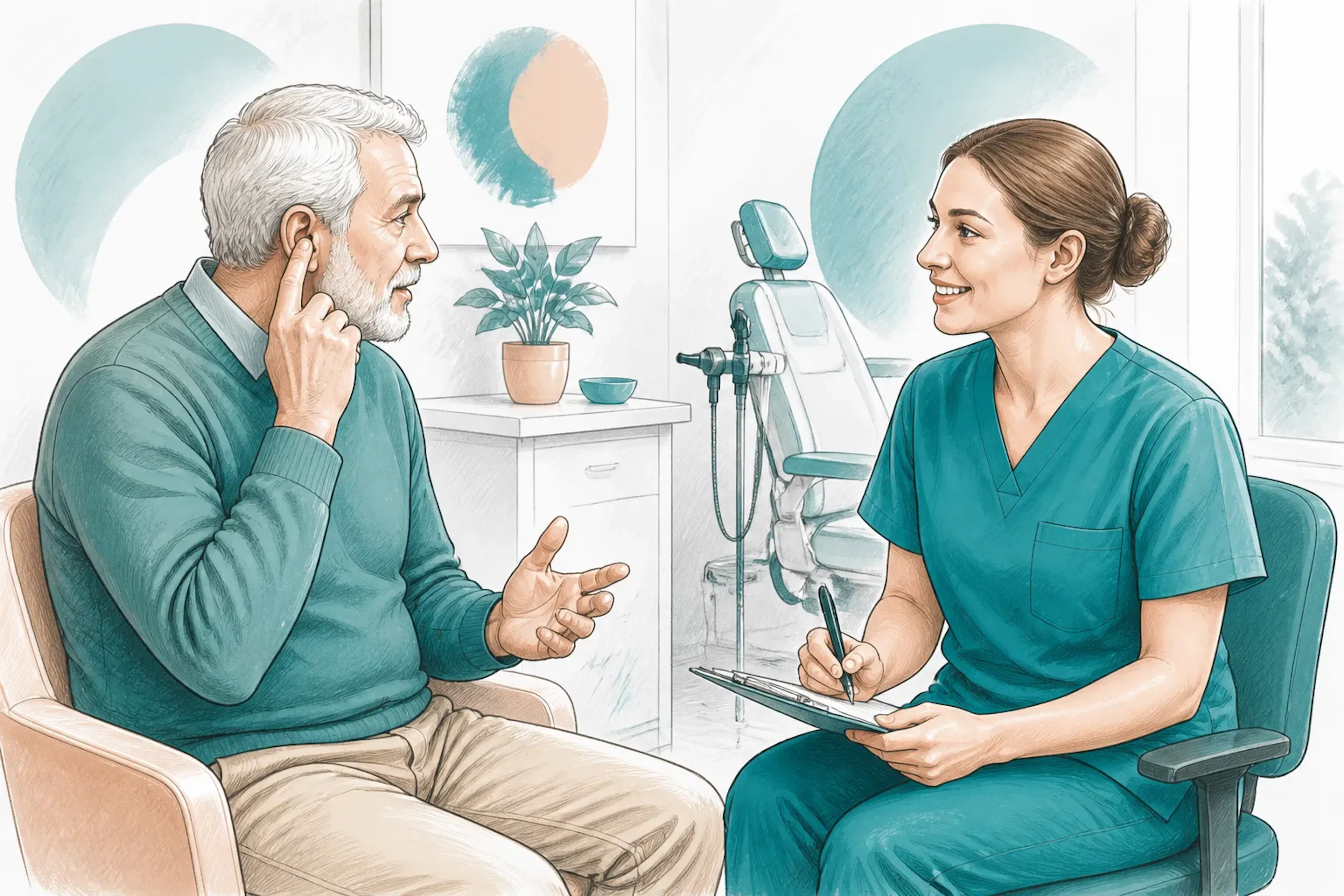 A patient speaking with a clinician before an ear treatment appointment
