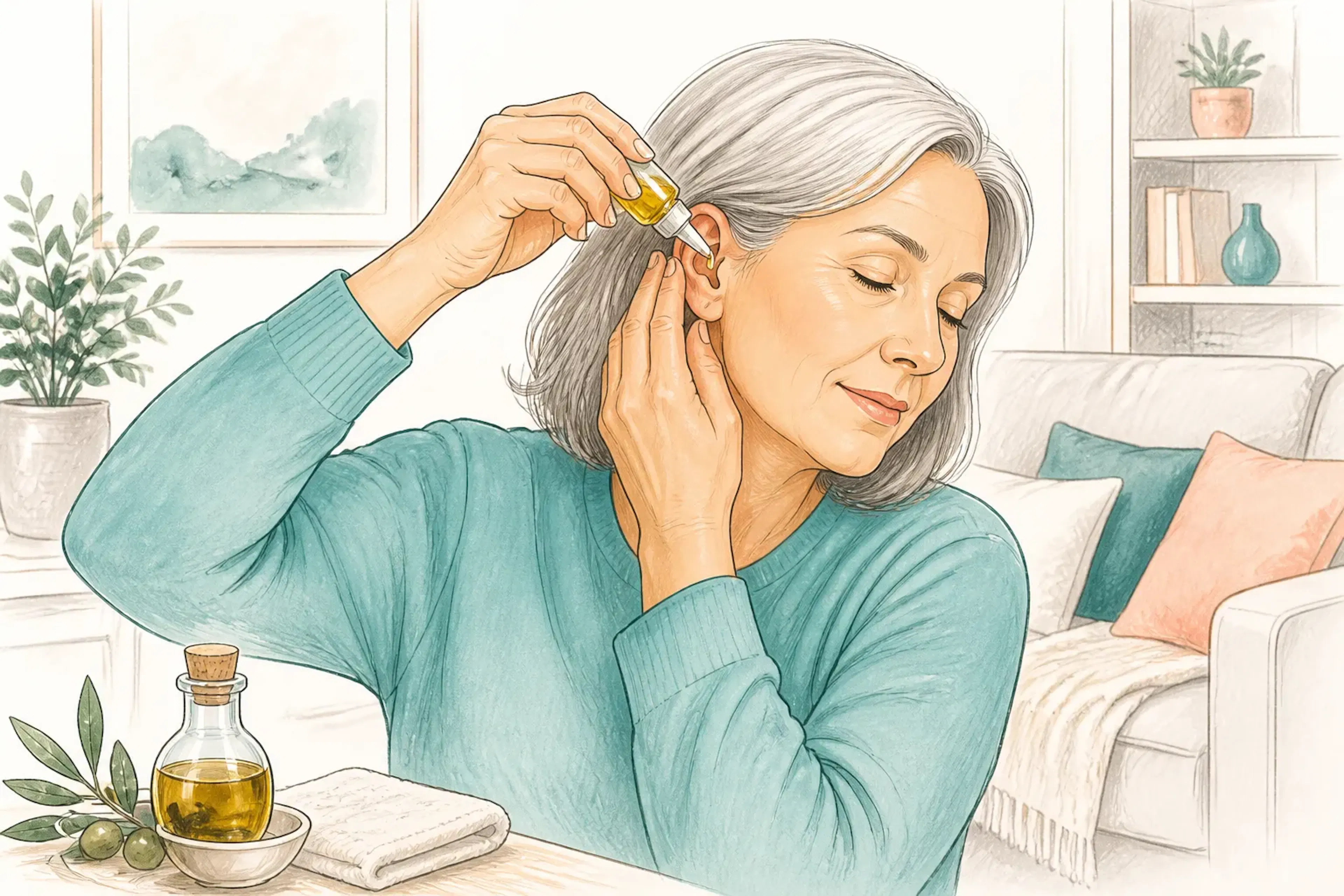 A person at home using olive oil ear drops as part of earwax softening