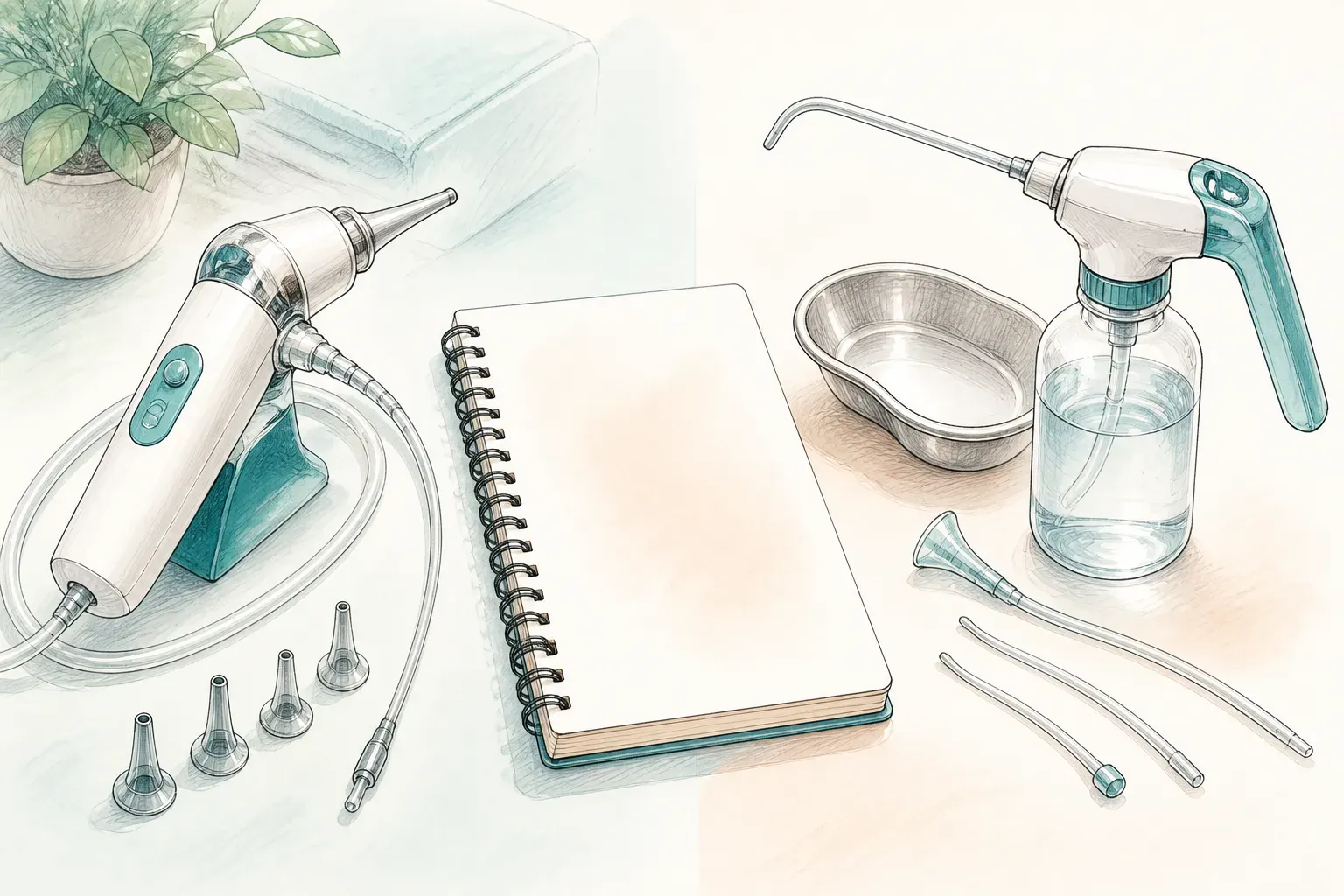 A comparison of microsuction and irrigation tools laid out beside a notepad