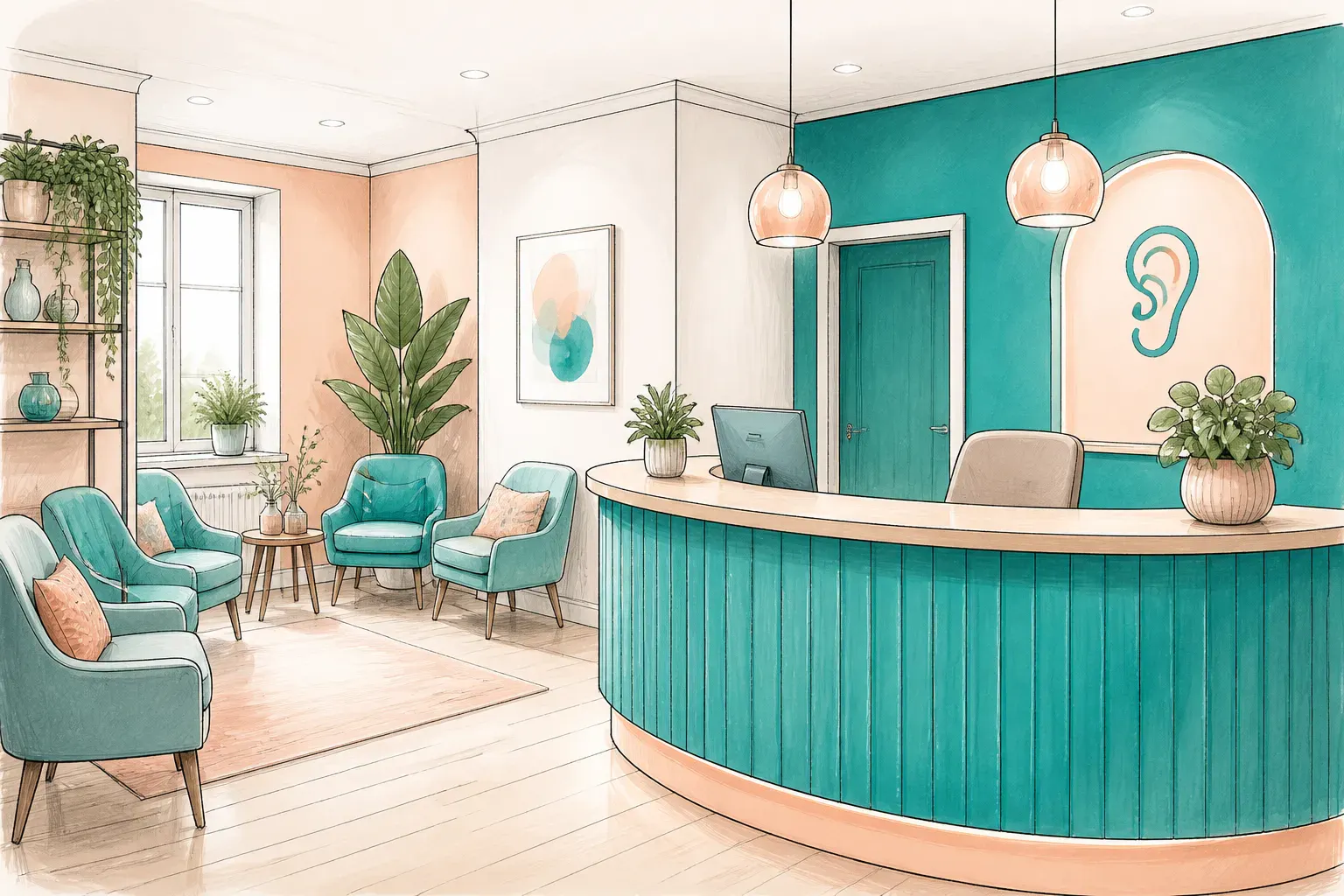 A friendly clinic reception area with a teal and peach colour scheme