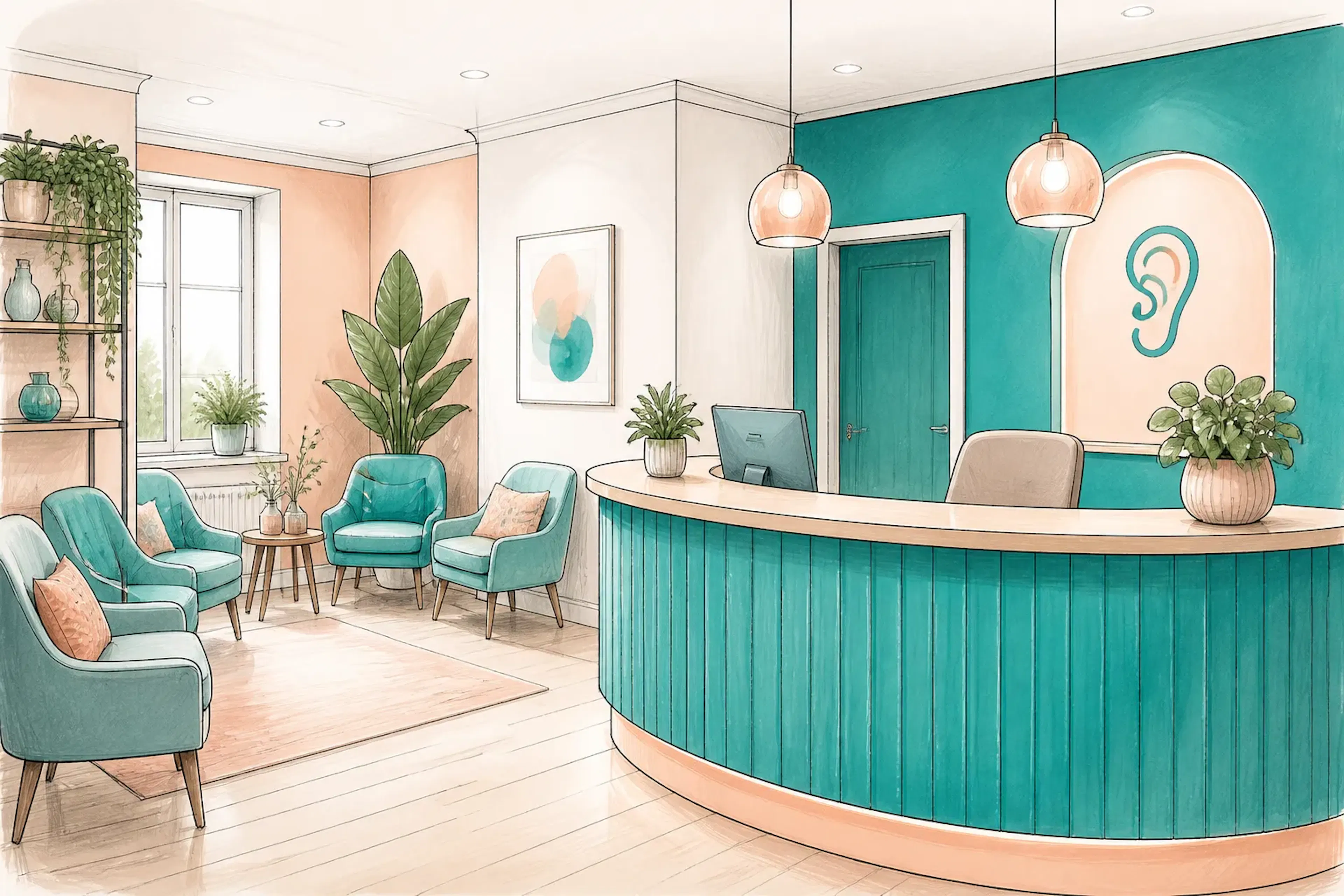 A friendly clinic reception area with a teal and peach colour scheme