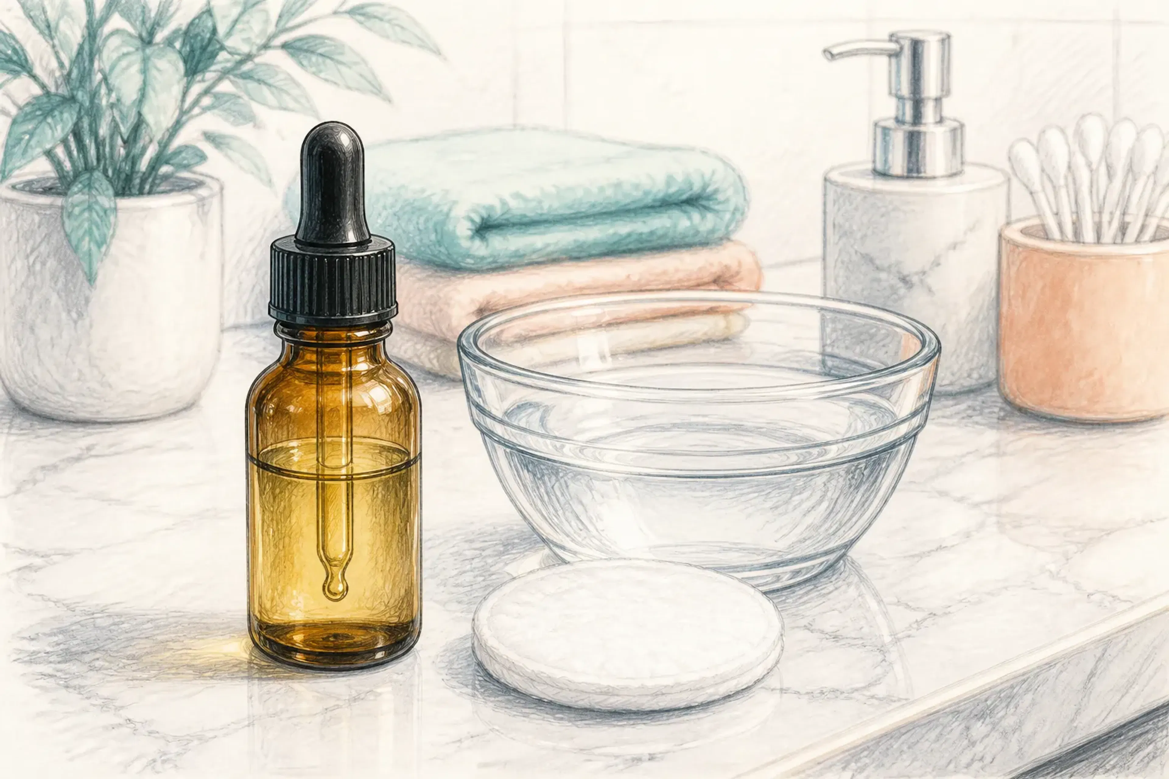 A close-up of olive oil ear drops beside a glass bowl and a cotton pad on a bathroom counter