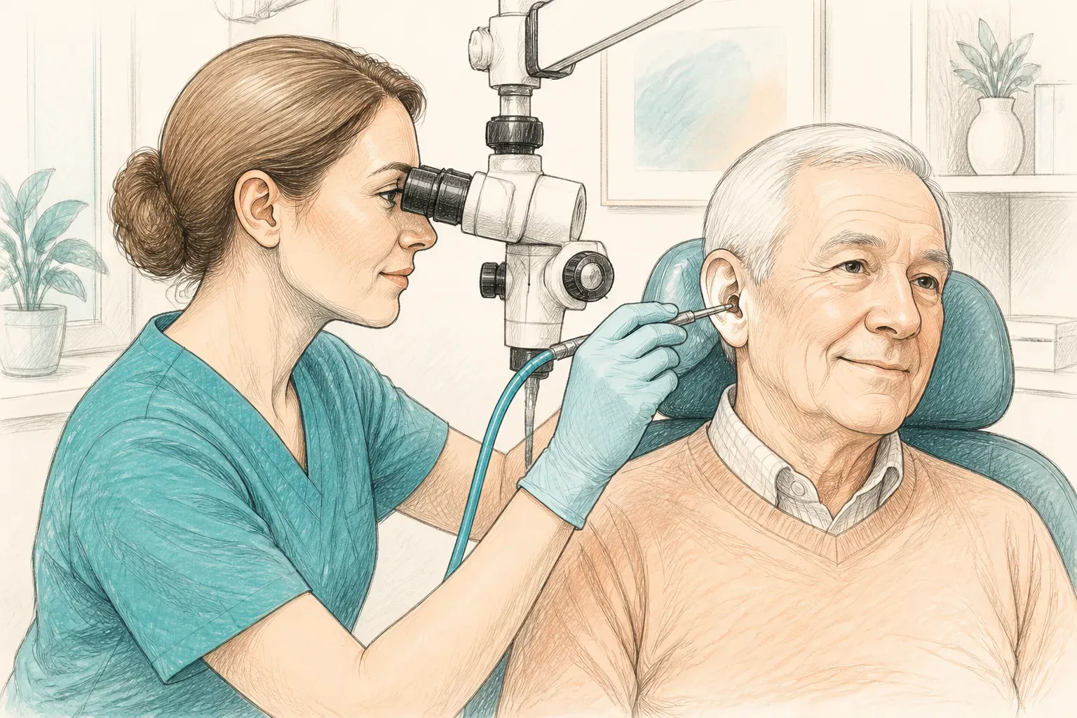 An audiologist using microsuction equipment during a routine ear wax removal appointment
