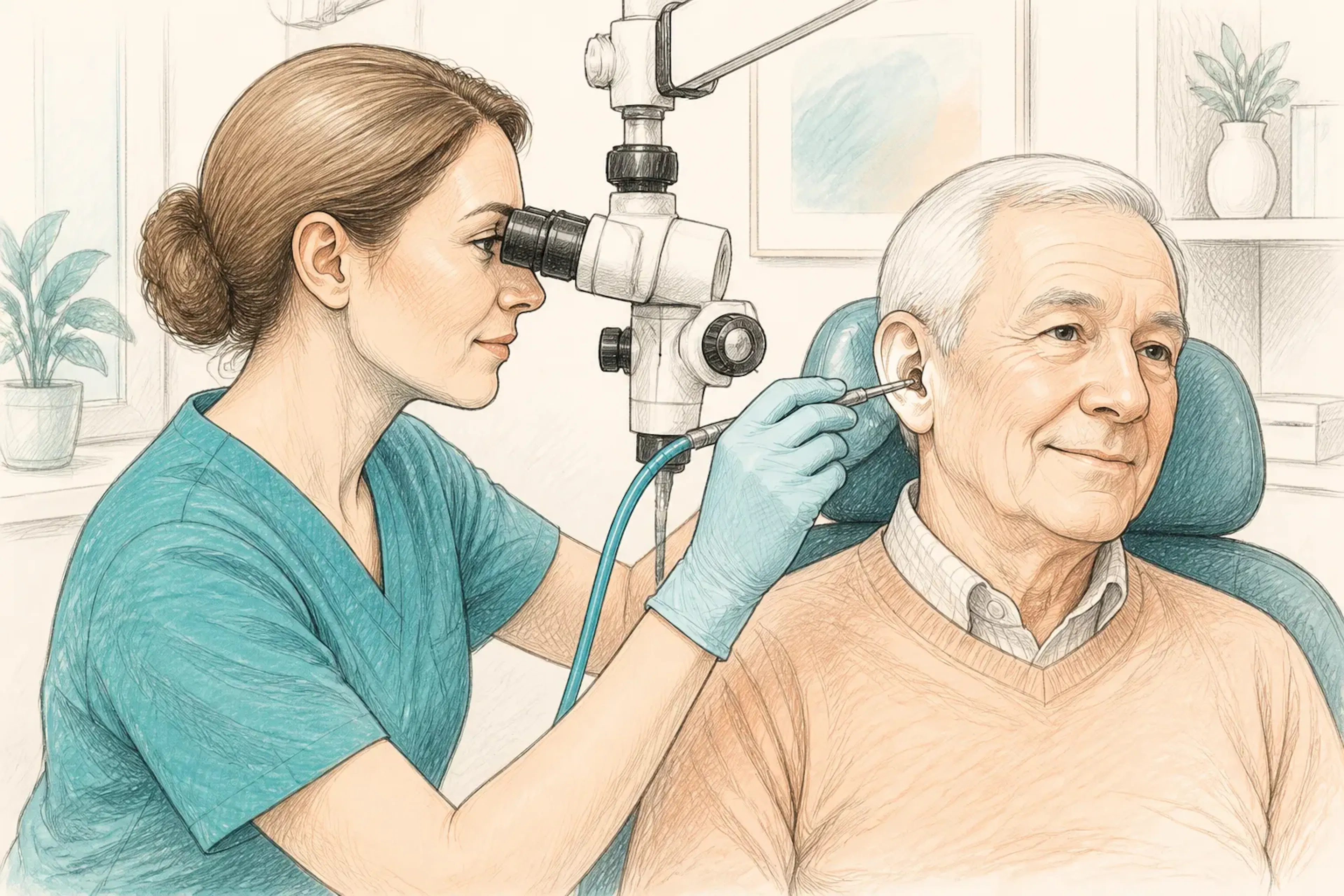 An audiologist using microsuction equipment during a routine ear wax removal appointment