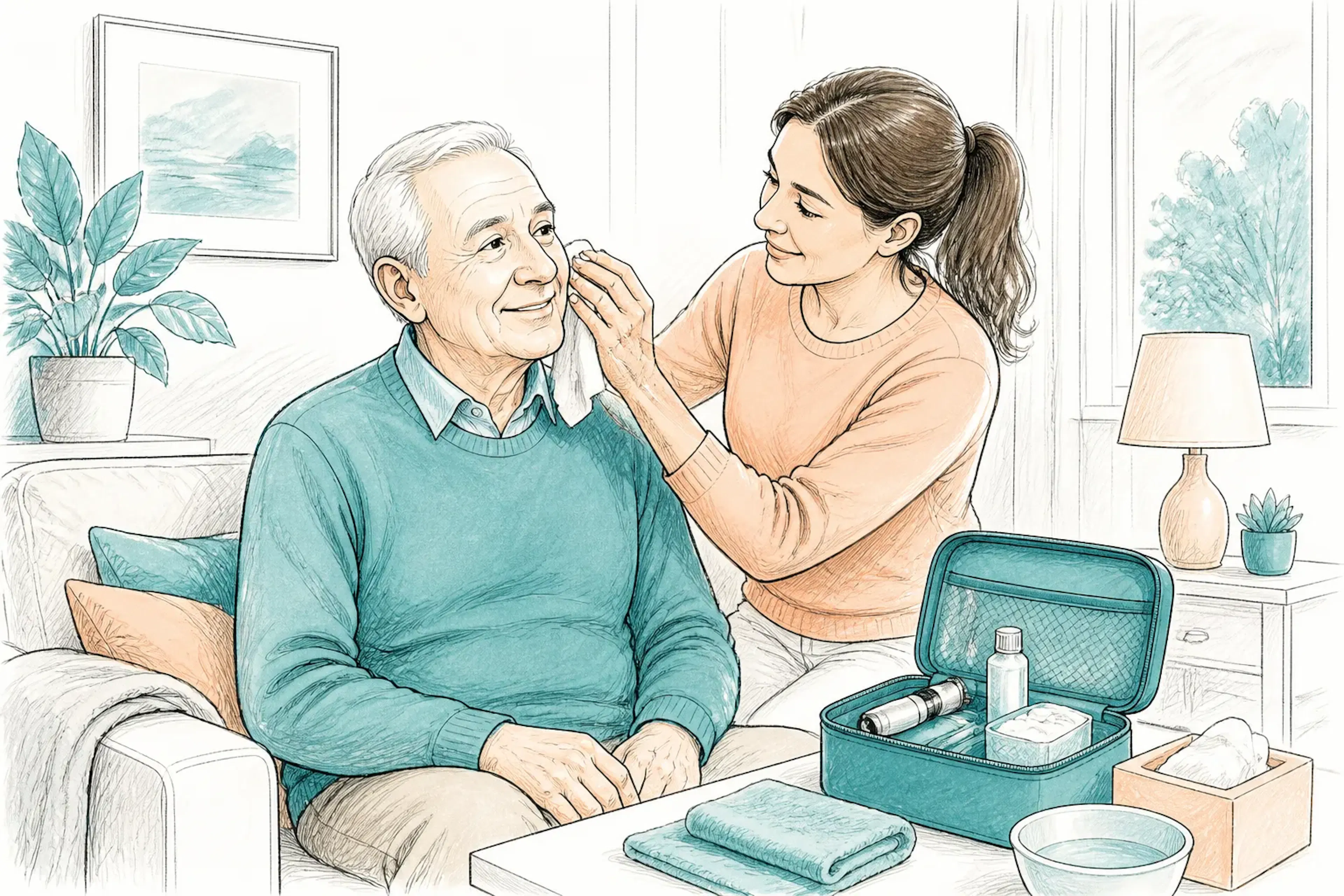 A family member helping an older adult prepare for a home ear care visit