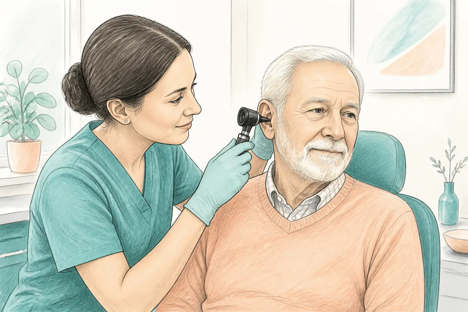 A clinician examining an older patient’s ear with a otoscope in a calm clinic setting