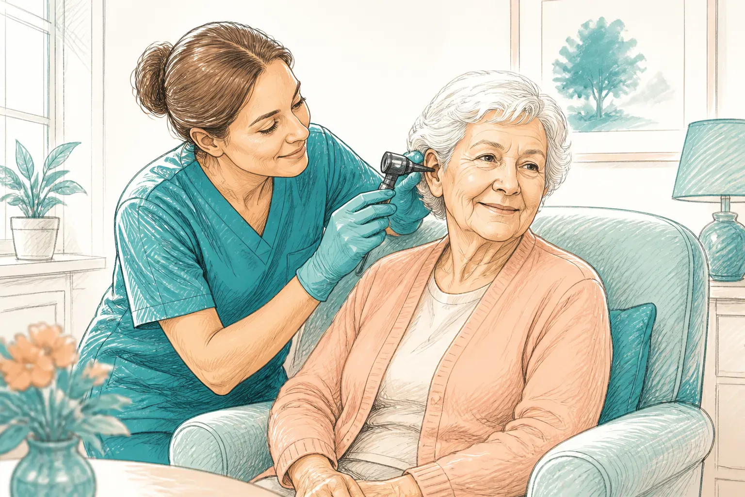 A care worker supporting a resident during a gentle ear health check in a care home