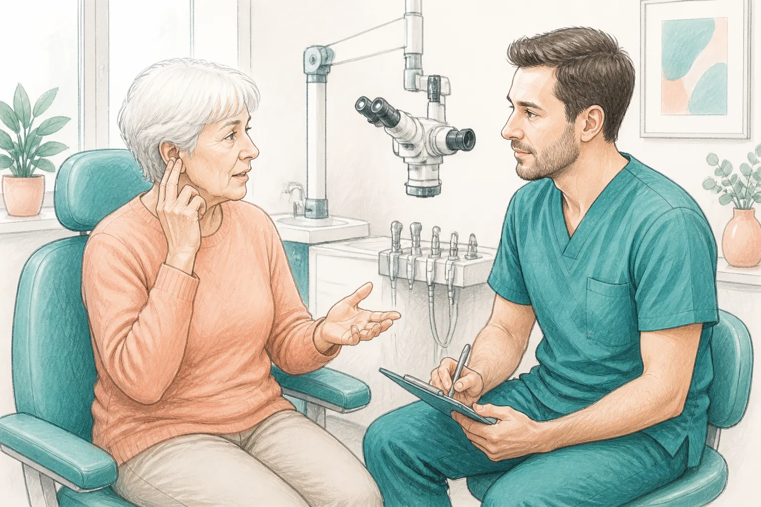 Patient discussing earwax concerns with a clinician before treatment