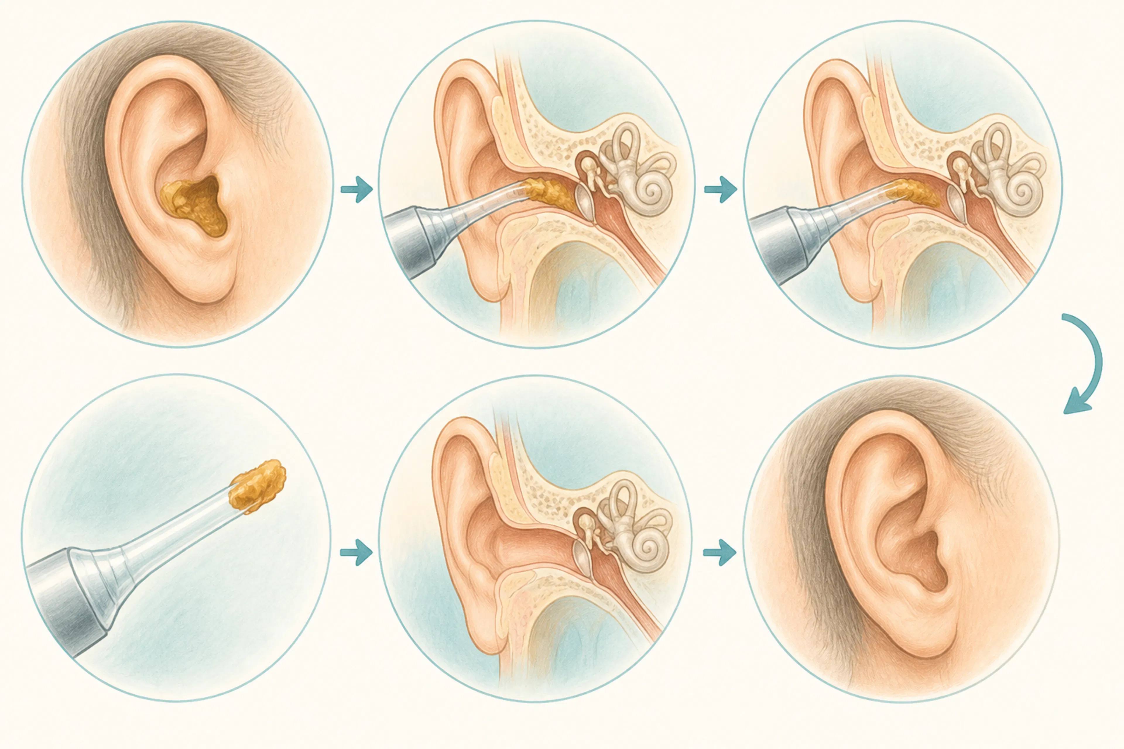 Illustration of the microsuction earwax removal process step by step